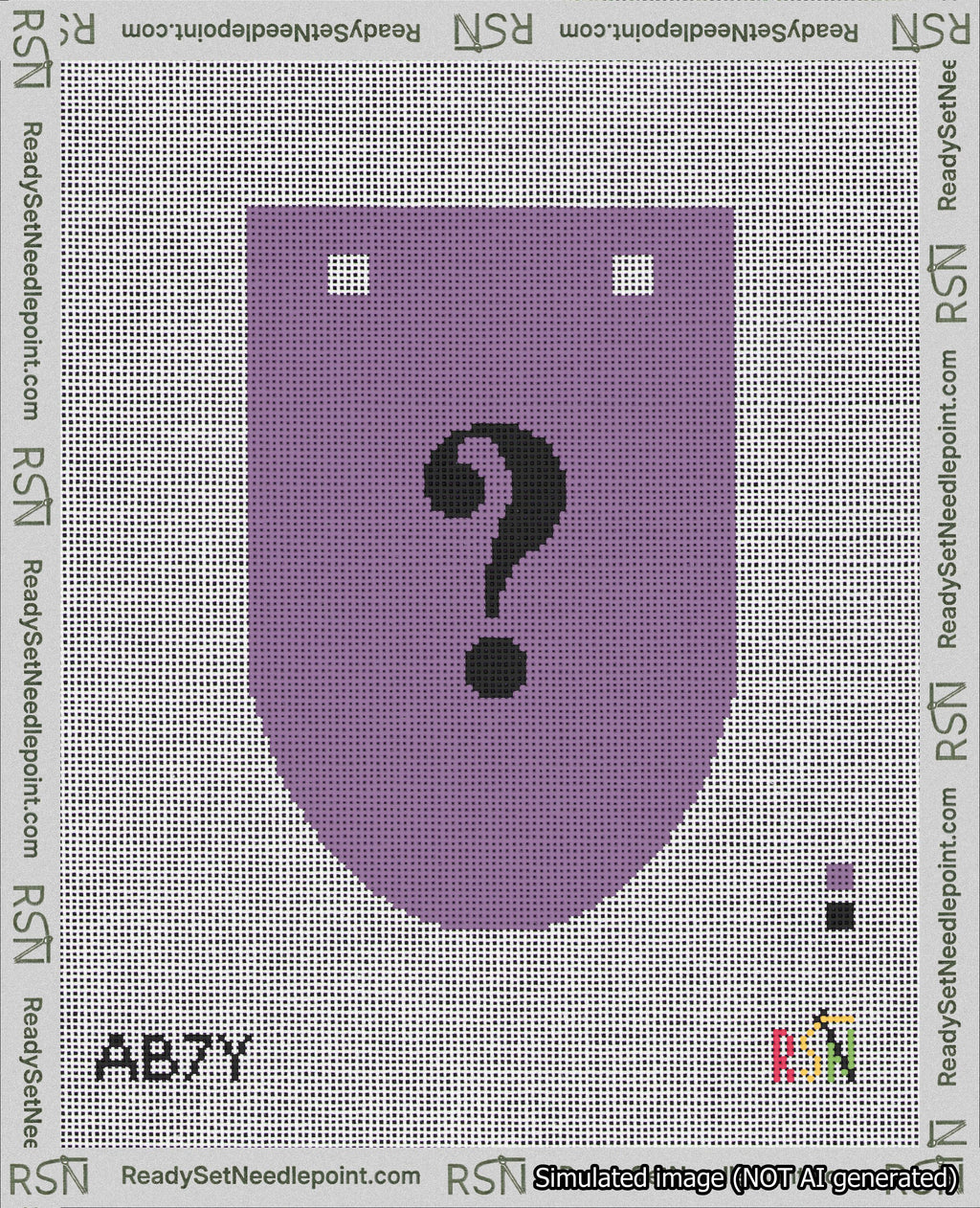A taped needlepoint canvas with the design: Banner 18 mesh count Rounded Question Black on Purple.