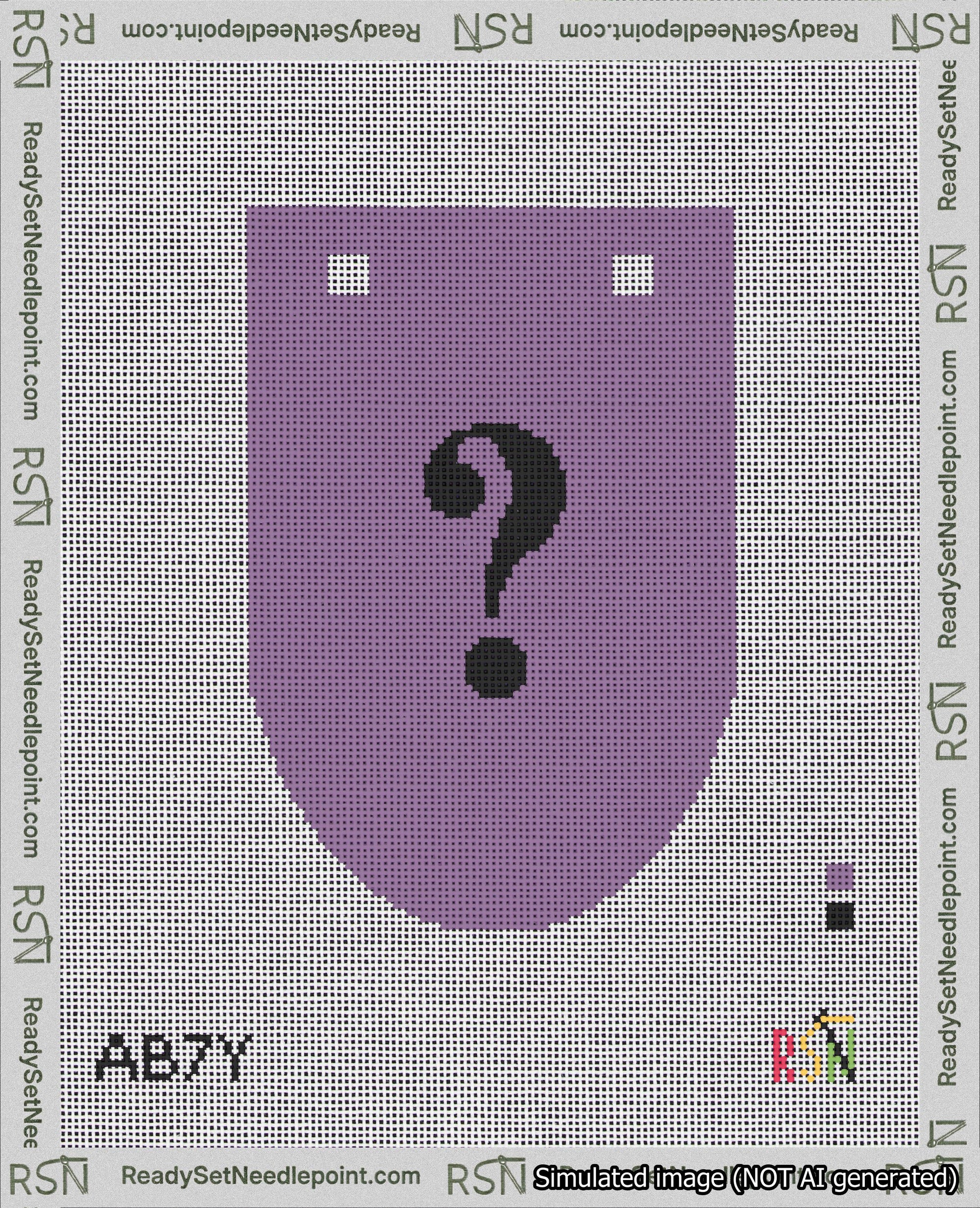 A taped needlepoint canvas with the design: Banner 18 mesh count Rounded Question Black on Purple.