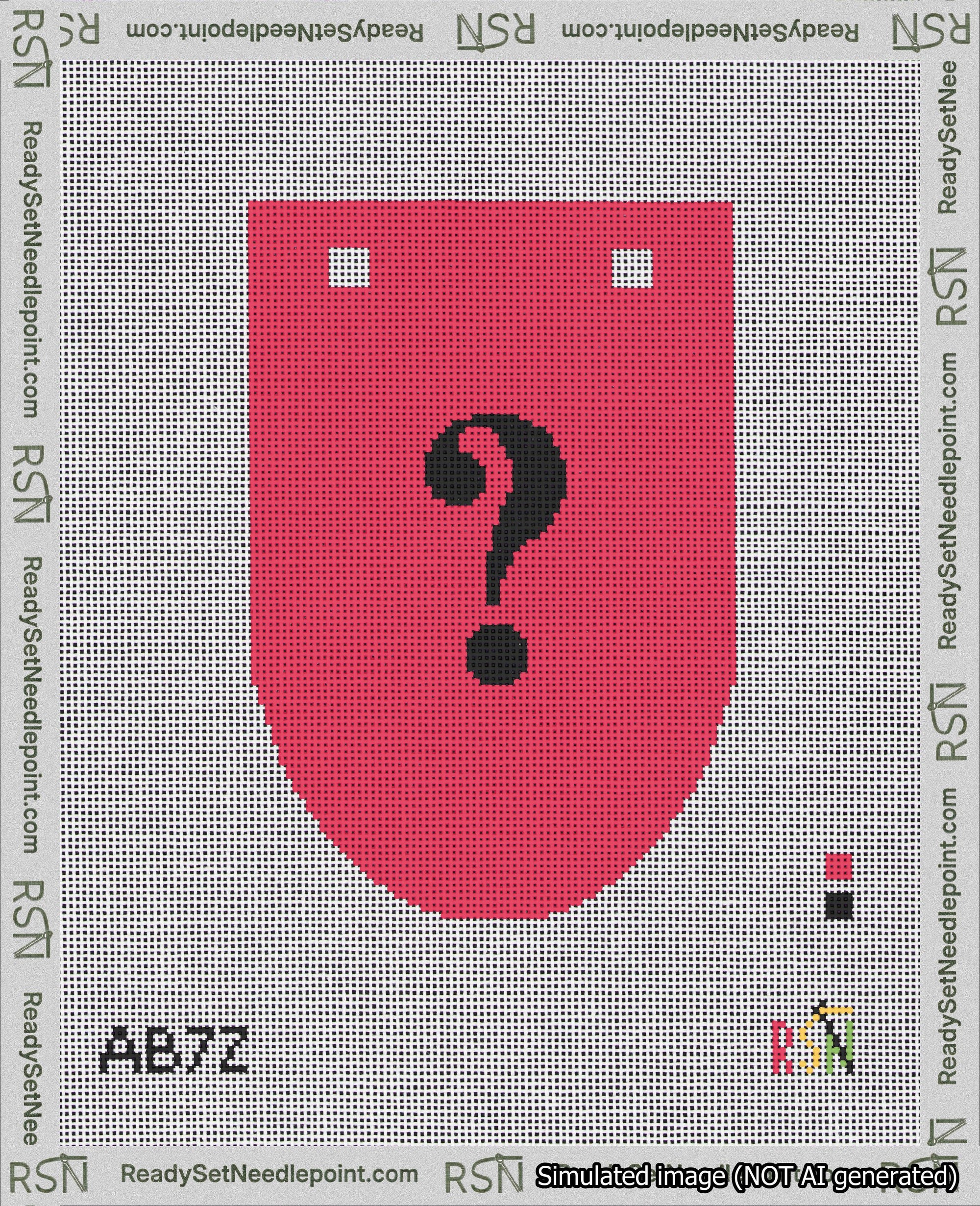 A taped needlepoint canvas with the design: Banner 18 mesh count Rounded Question Black on Red.