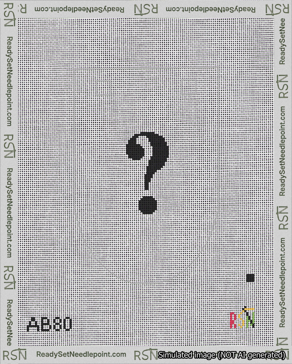 A taped needlepoint canvas with the design: Banner 18 mesh count Rounded Question Black on White.