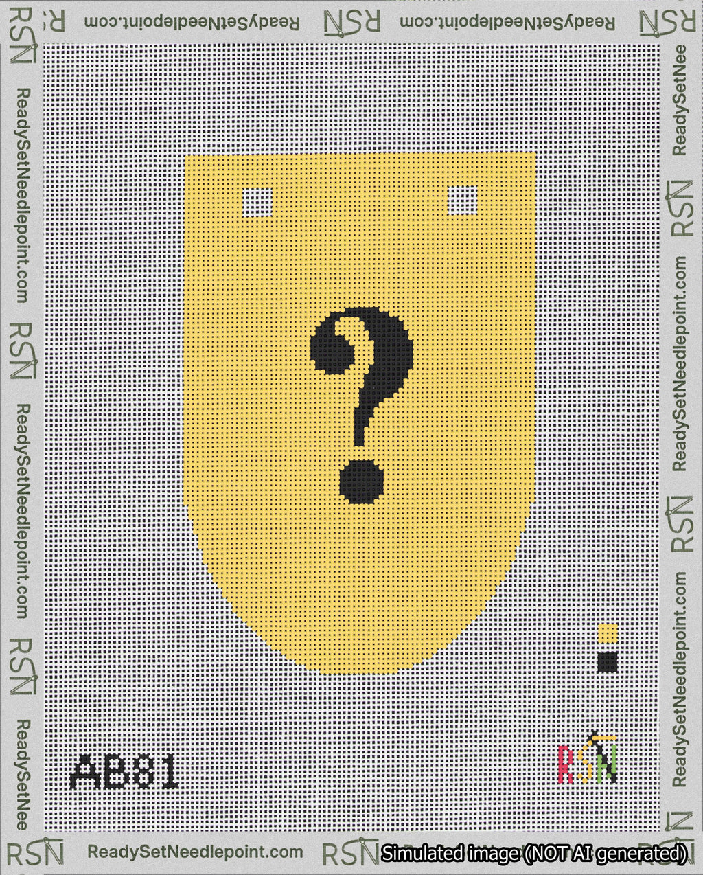 A taped needlepoint canvas with the design: Banner 18 mesh count Rounded Question Black on Yellow.
