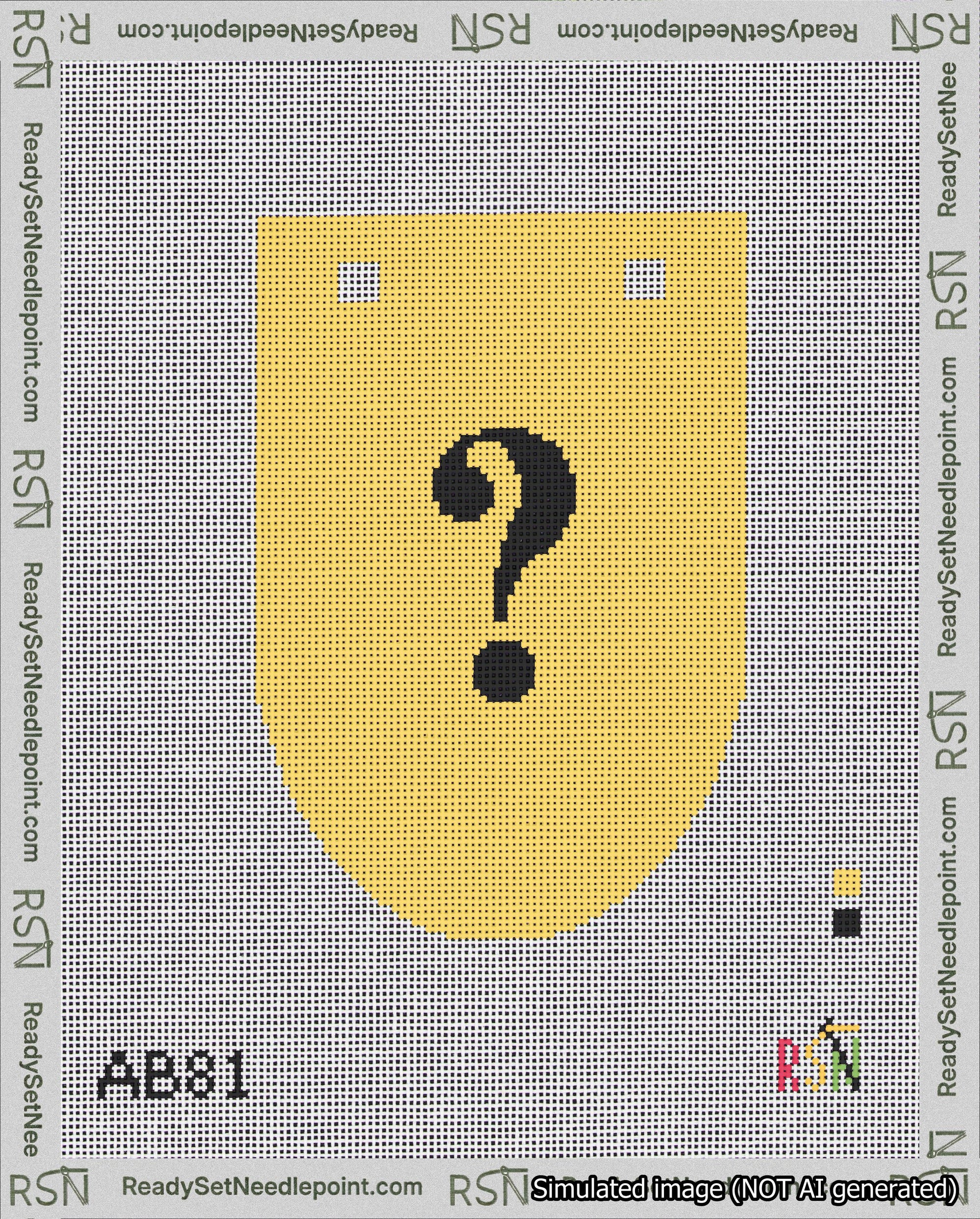 A taped needlepoint canvas with the design: Banner 18 mesh count Rounded Question Black on Yellow.