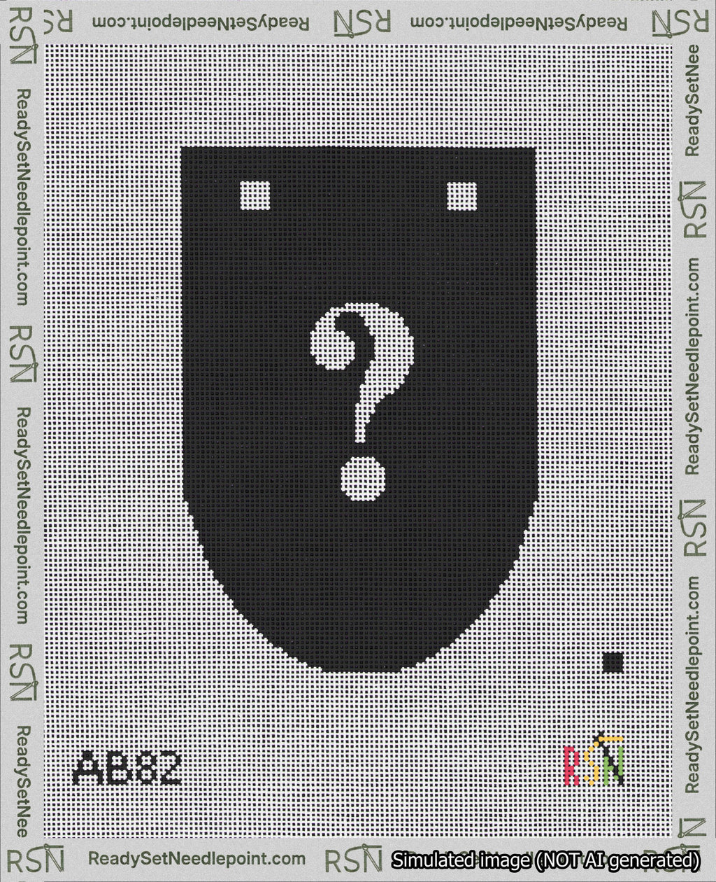 A taped needlepoint canvas with the design: Banner 18 mesh count Rounded Question White on Black.