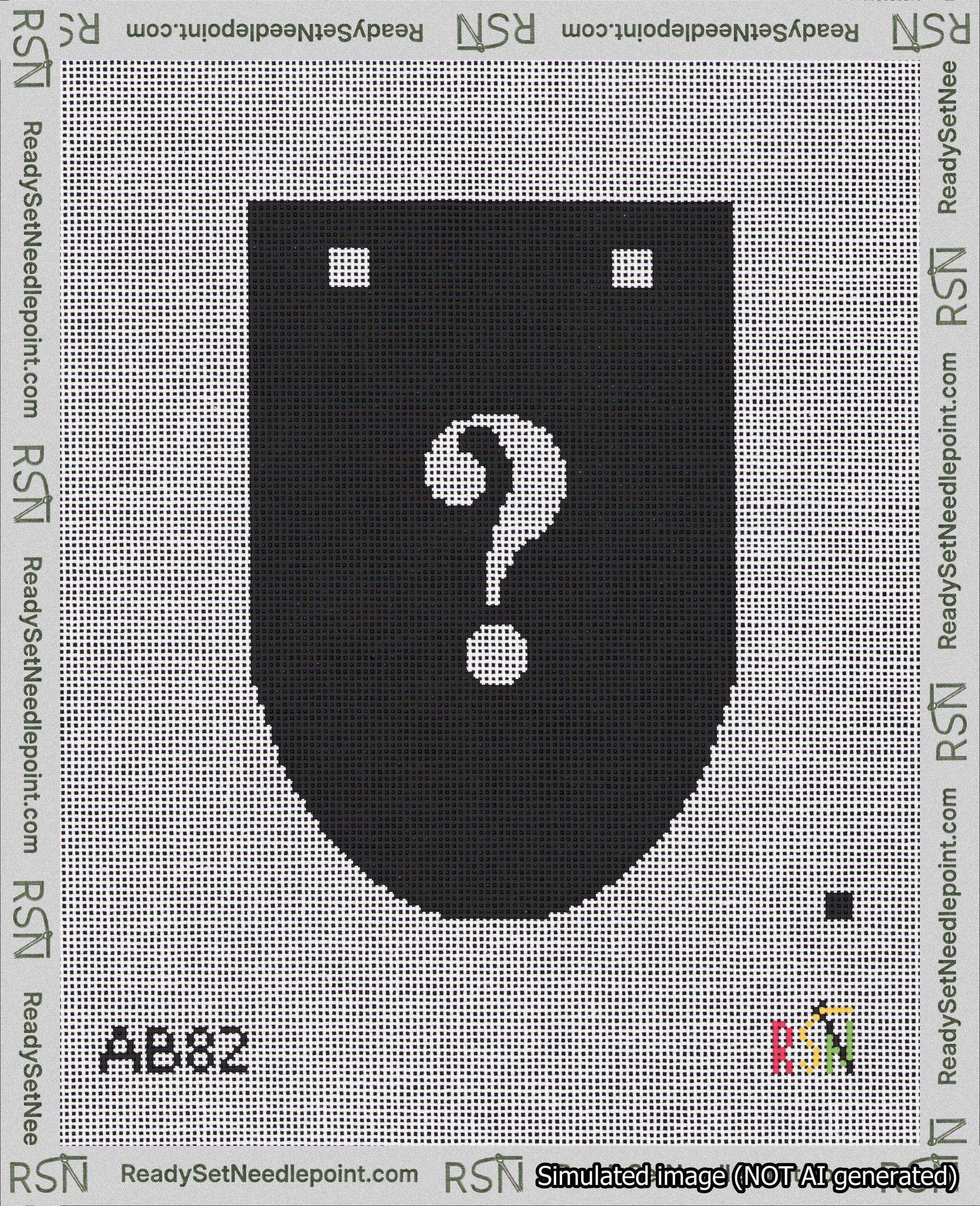 A taped needlepoint canvas with the design: Banner 18 mesh count Rounded Question White on Black.