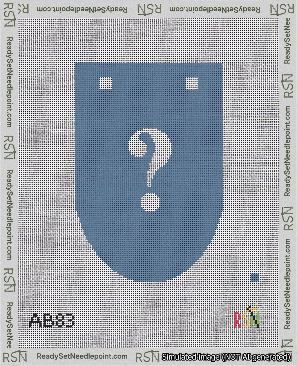 A taped needlepoint canvas with the design: Banner 18 mesh count Rounded Question White on Blue.