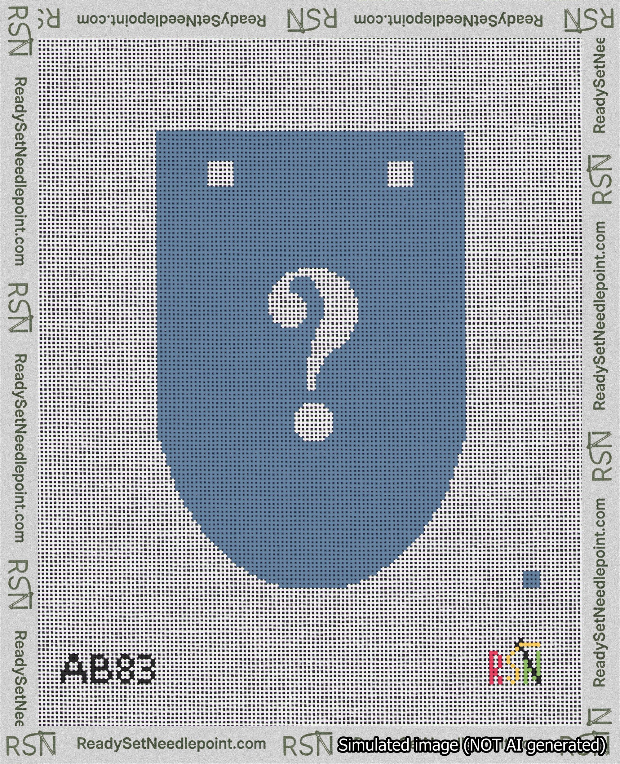 A taped needlepoint canvas with the design: Banner 18 mesh count Rounded Question White on Blue.