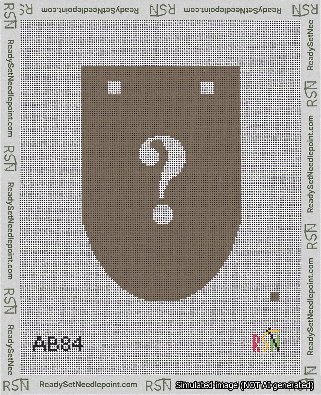 A taped needlepoint canvas with the design: Banner 18 mesh count Rounded Question White on Brown.