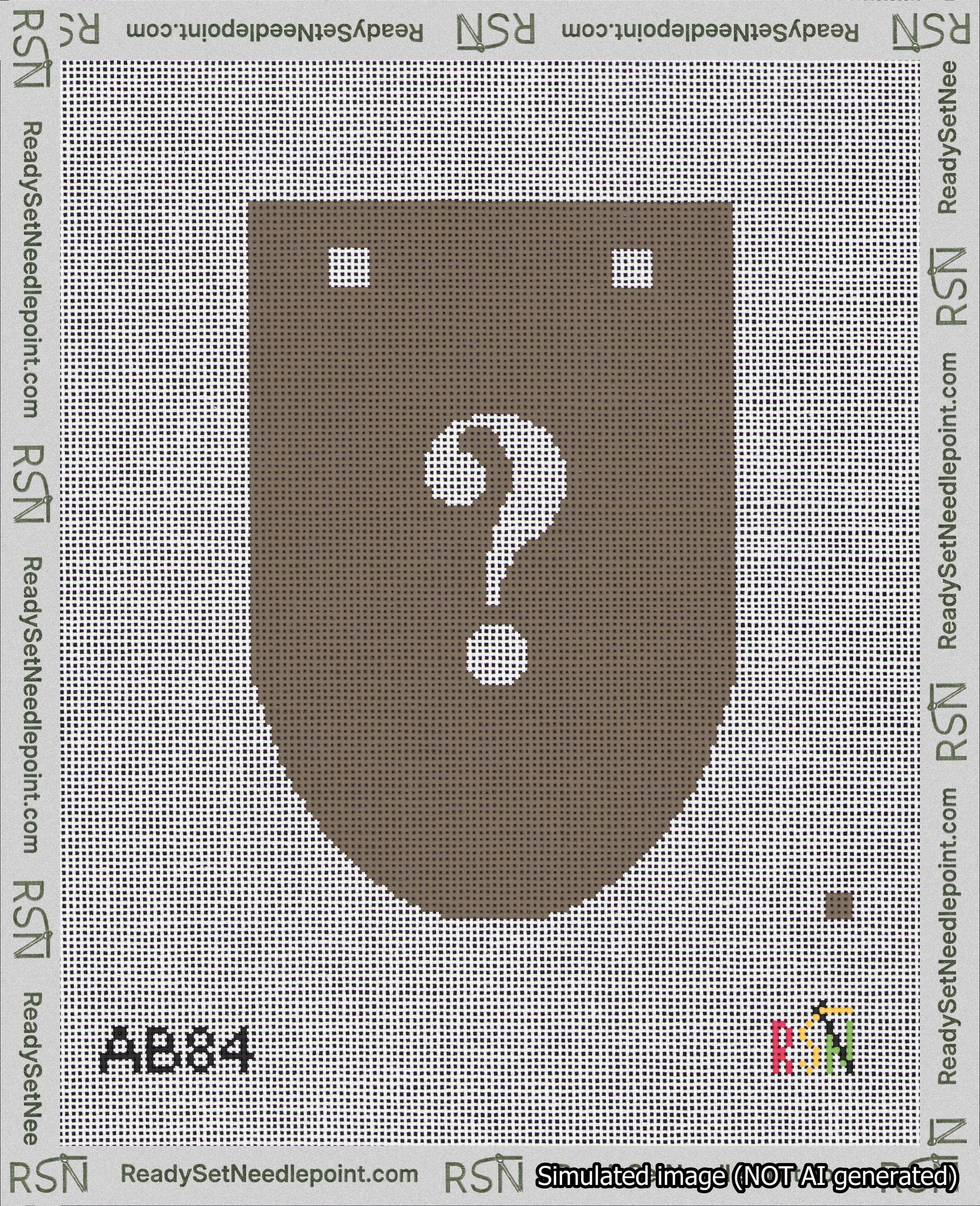 A taped needlepoint canvas with the design: Banner 18 mesh count Rounded Question White on Brown.
