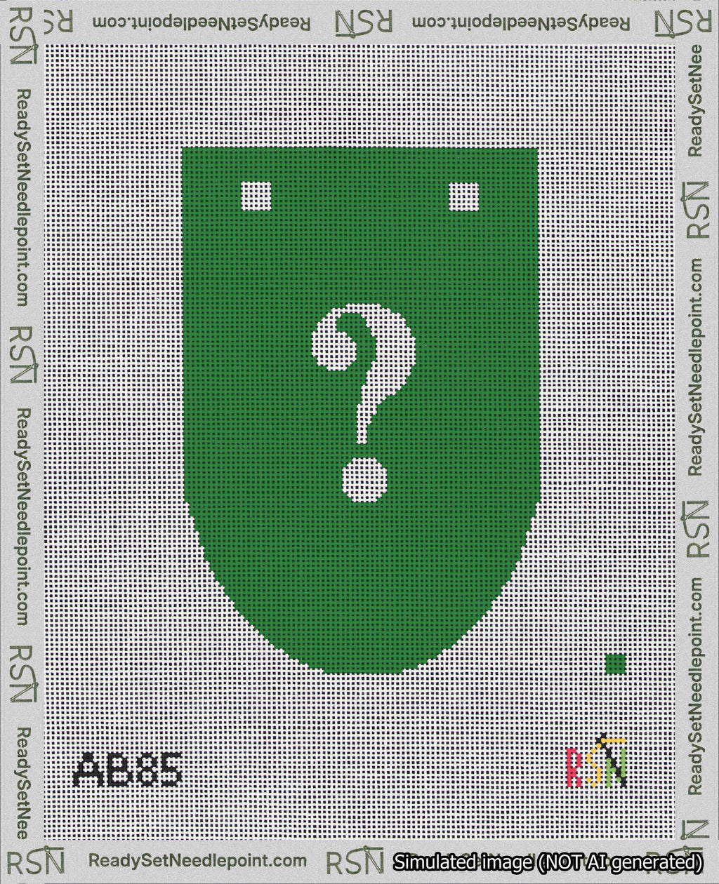 A taped needlepoint canvas with the design: Banner 18 mesh count Rounded Question White on Green.