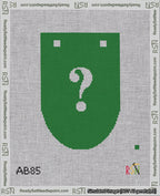A taped needlepoint canvas with the design: Banner 18 mesh count Rounded Question White on Green.