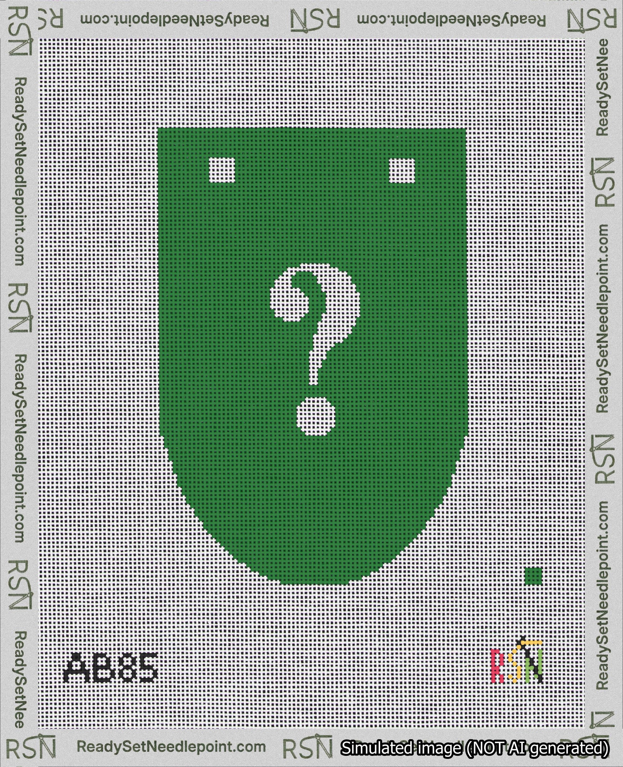 A taped needlepoint canvas with the design: Banner 18 mesh count Rounded Question White on Green.