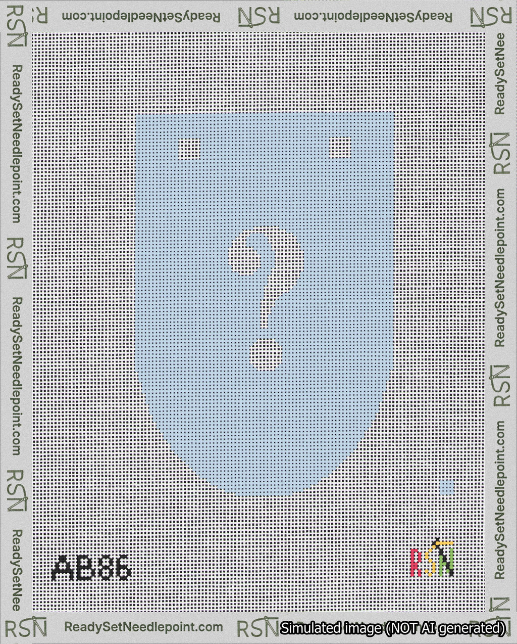 A taped needlepoint canvas with the design: Banner 18 mesh count Rounded Question White on Light Blue.