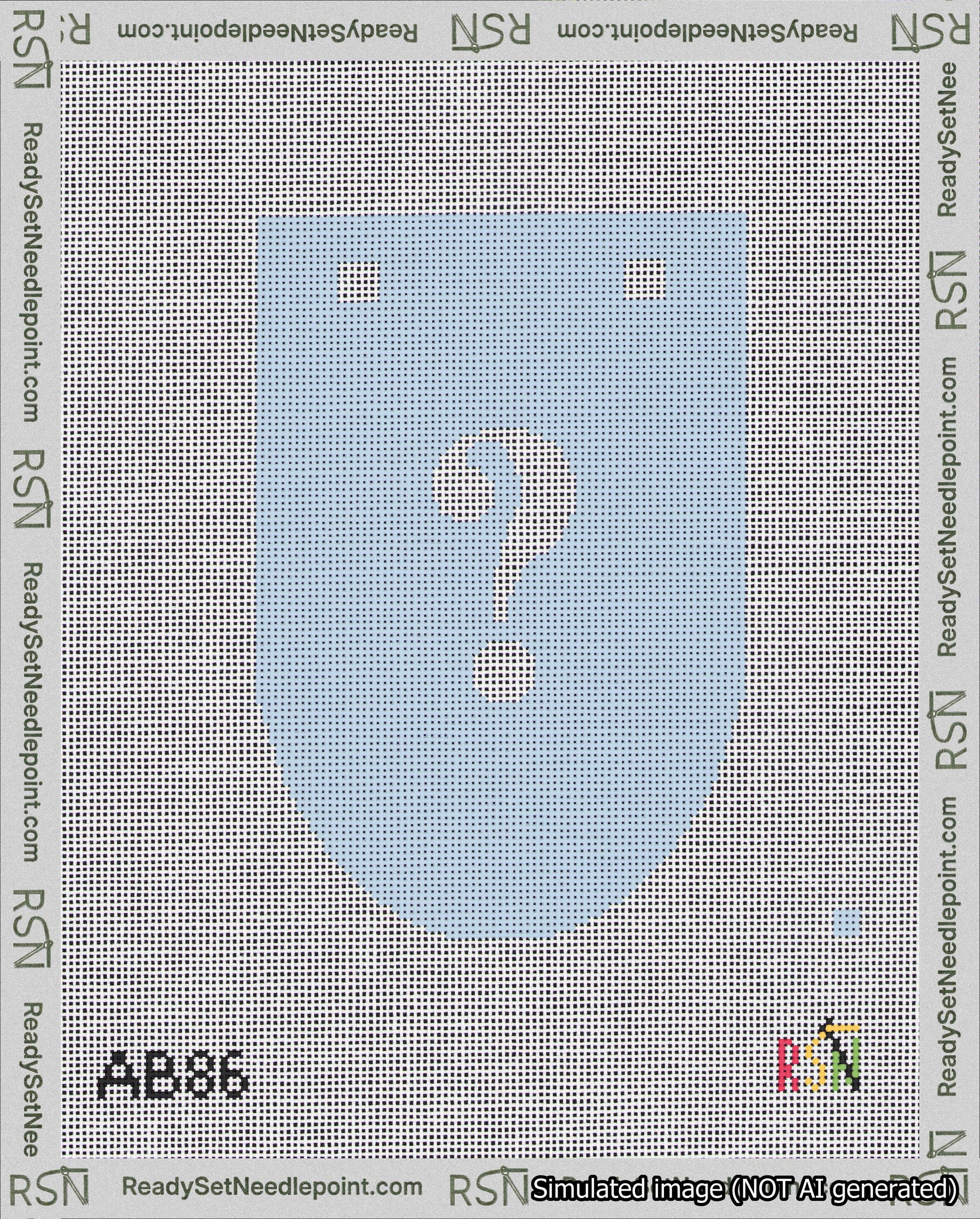 A taped needlepoint canvas with the design: Banner 18 mesh count Rounded Question White on Light Blue.