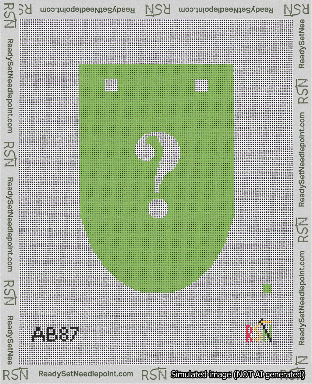 A taped needlepoint canvas with the design: Banner 18 mesh count Rounded Question White on Light Green.