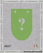 A taped needlepoint canvas with the design: Banner 18 mesh count Rounded Question White on Light Green.