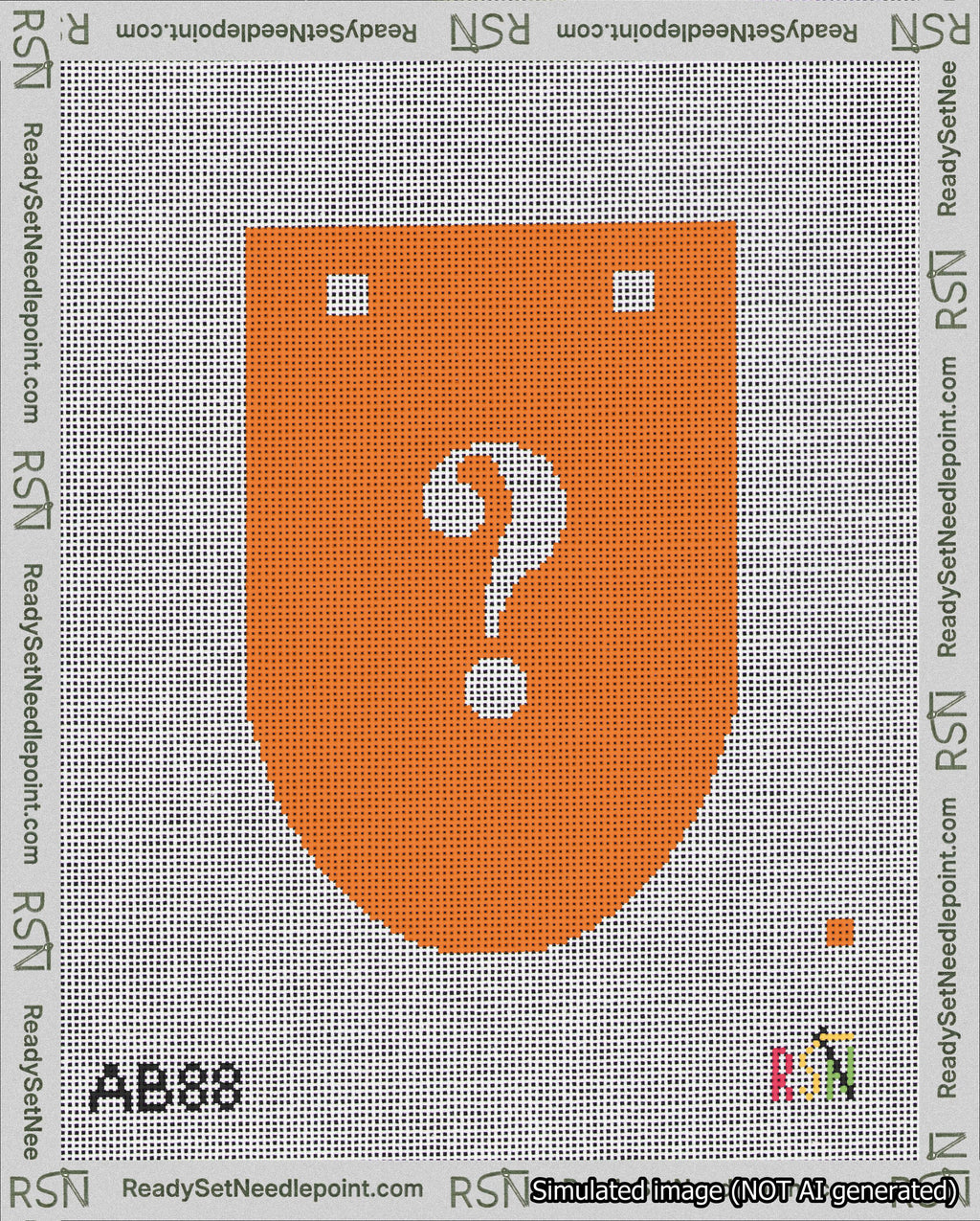 A taped needlepoint canvas with the design: Banner 18 mesh count Rounded Question White on Orange.