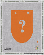 A taped needlepoint canvas with the design: Banner 18 mesh count Rounded Question White on Orange.