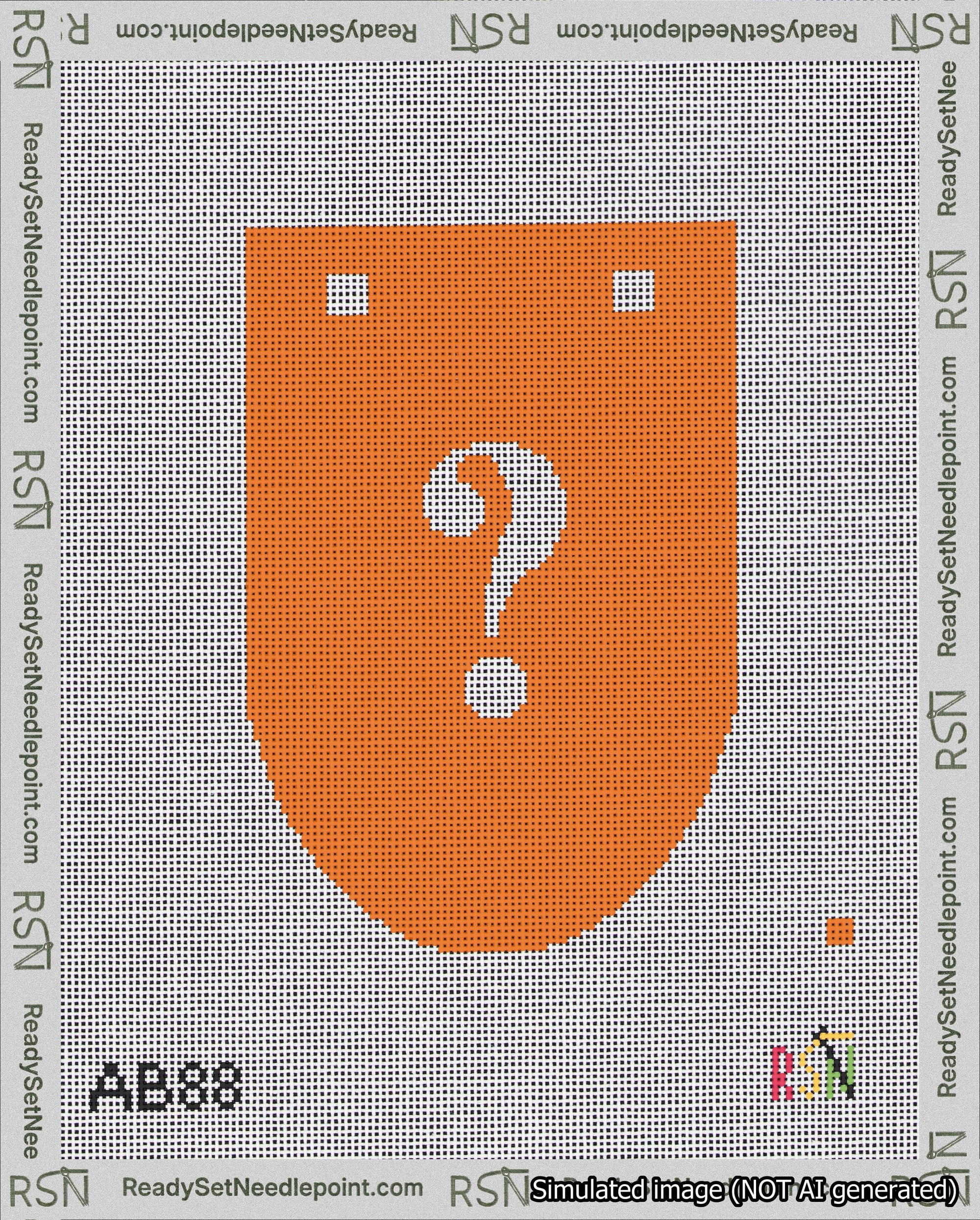 A taped needlepoint canvas with the design: Banner 18 mesh count Rounded Question White on Orange.