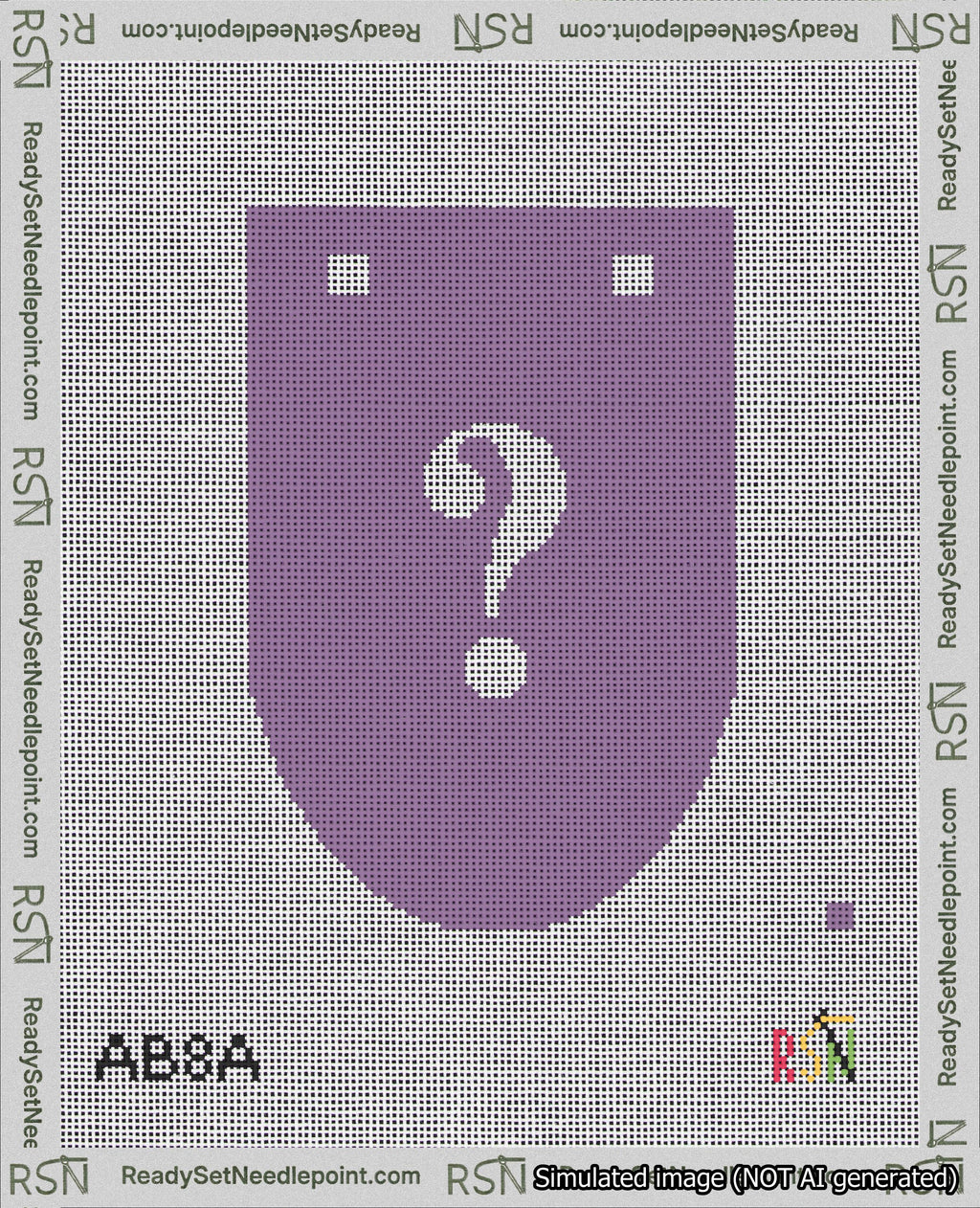 A taped needlepoint canvas with the design: Banner 18 mesh count Rounded Question White on Purple.