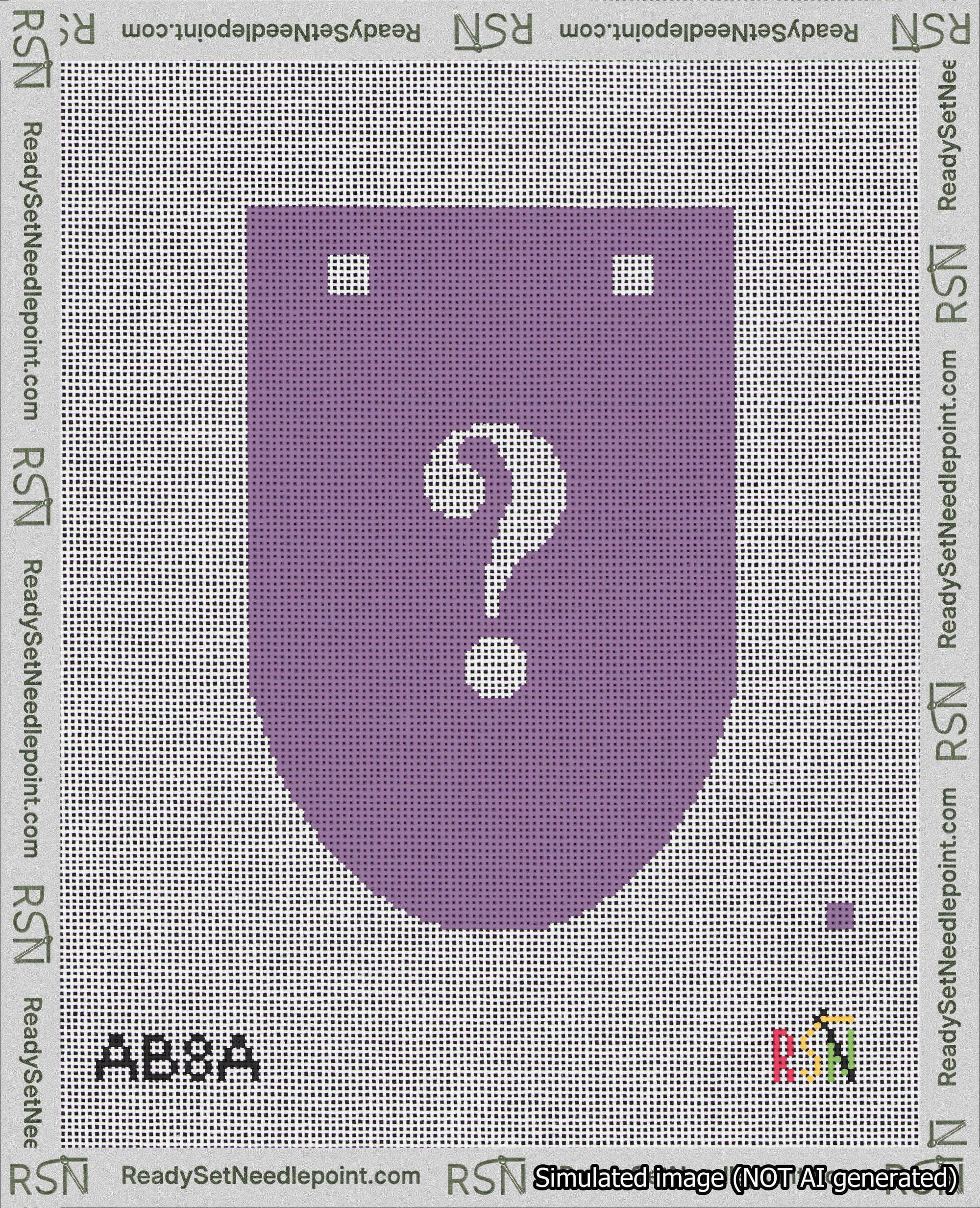 A taped needlepoint canvas with the design: Banner 18 mesh count Rounded Question White on Purple.