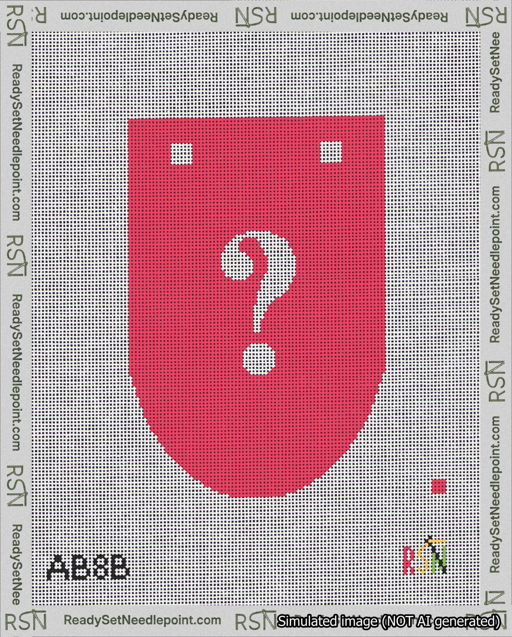 A taped needlepoint canvas with the design: Banner 18 mesh count Rounded Question White on Red.