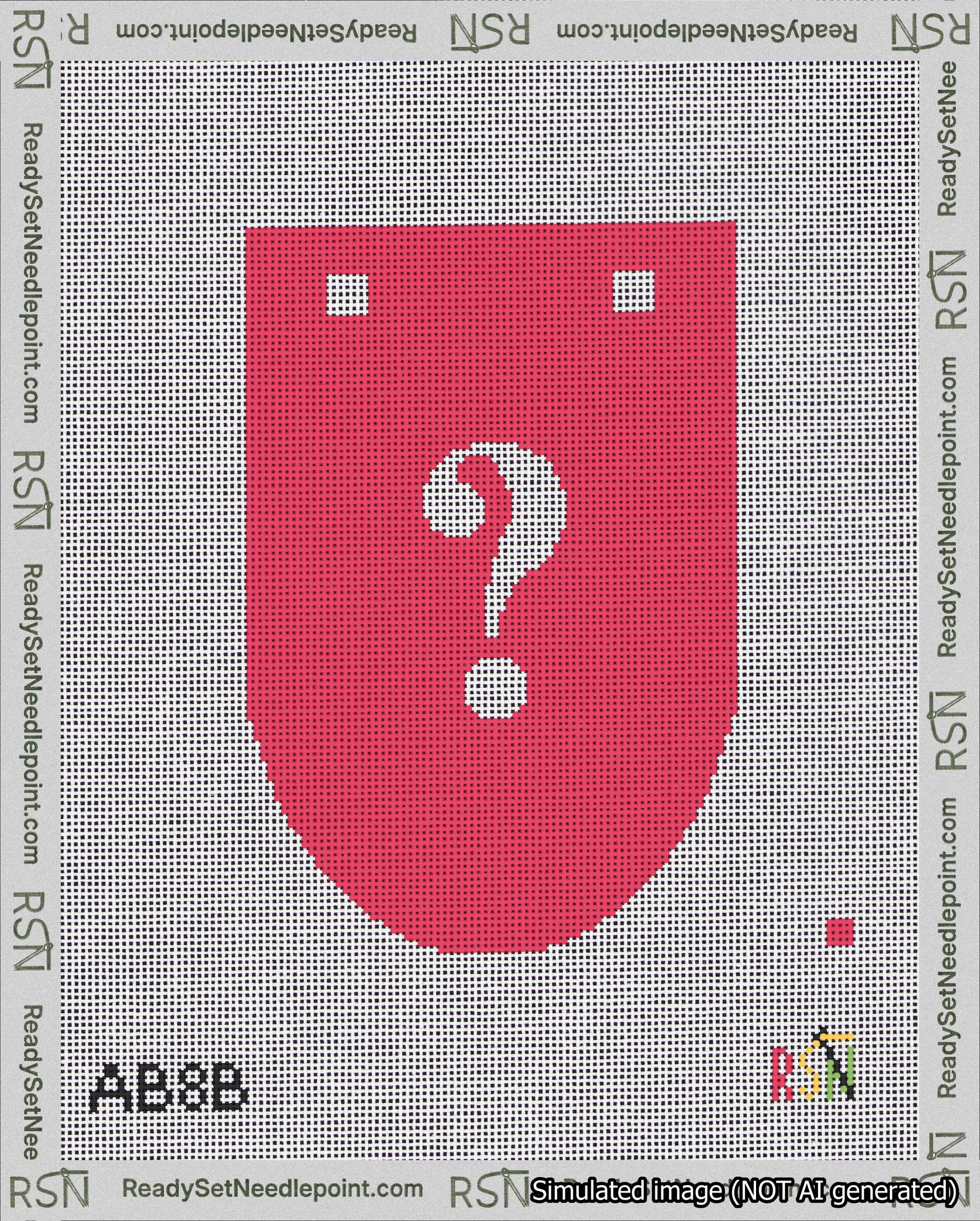 A taped needlepoint canvas with the design: Banner 18 mesh count Rounded Question White on Red.