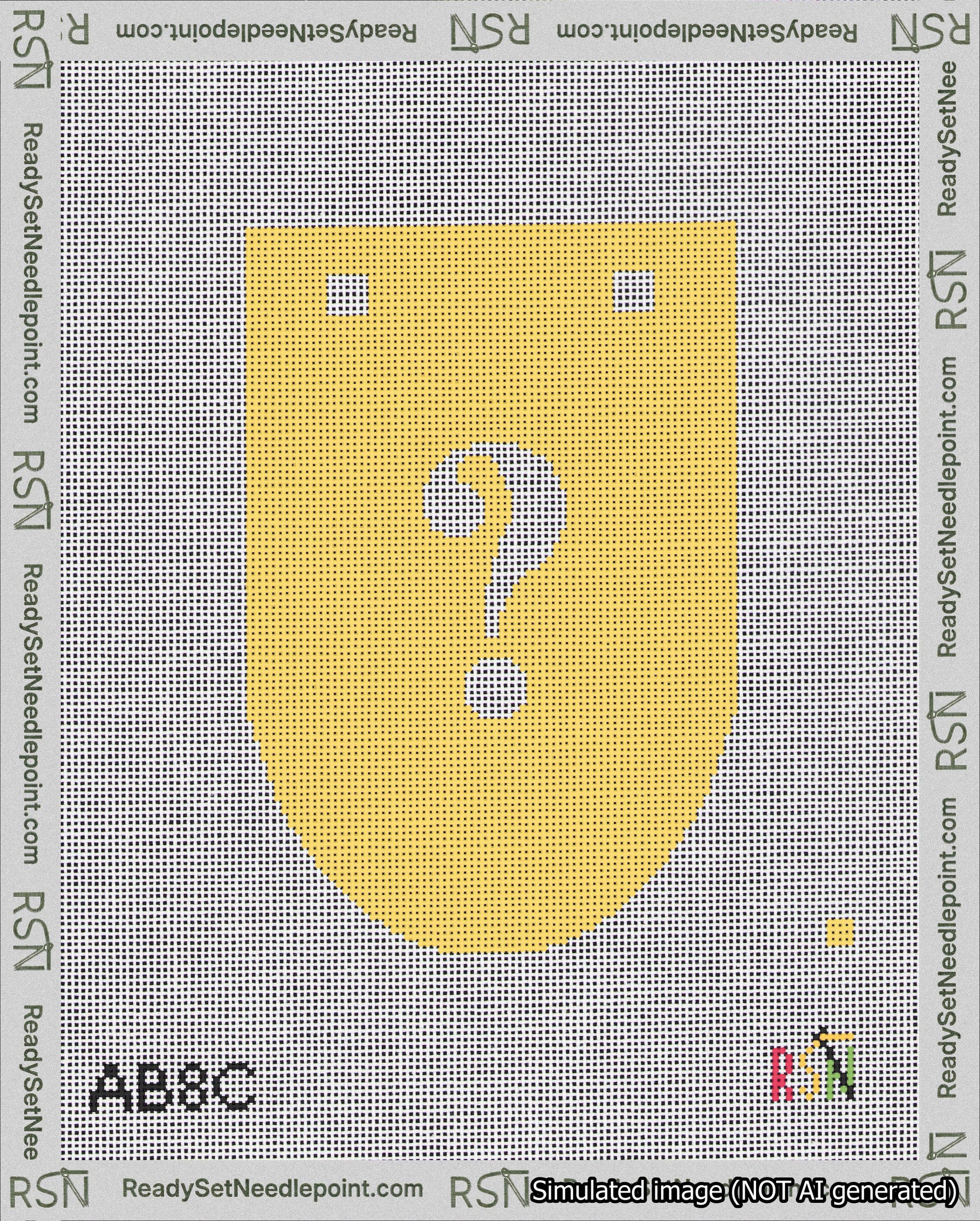 A taped needlepoint canvas with the design: Banner 18 mesh count Rounded Question White on Yellow.