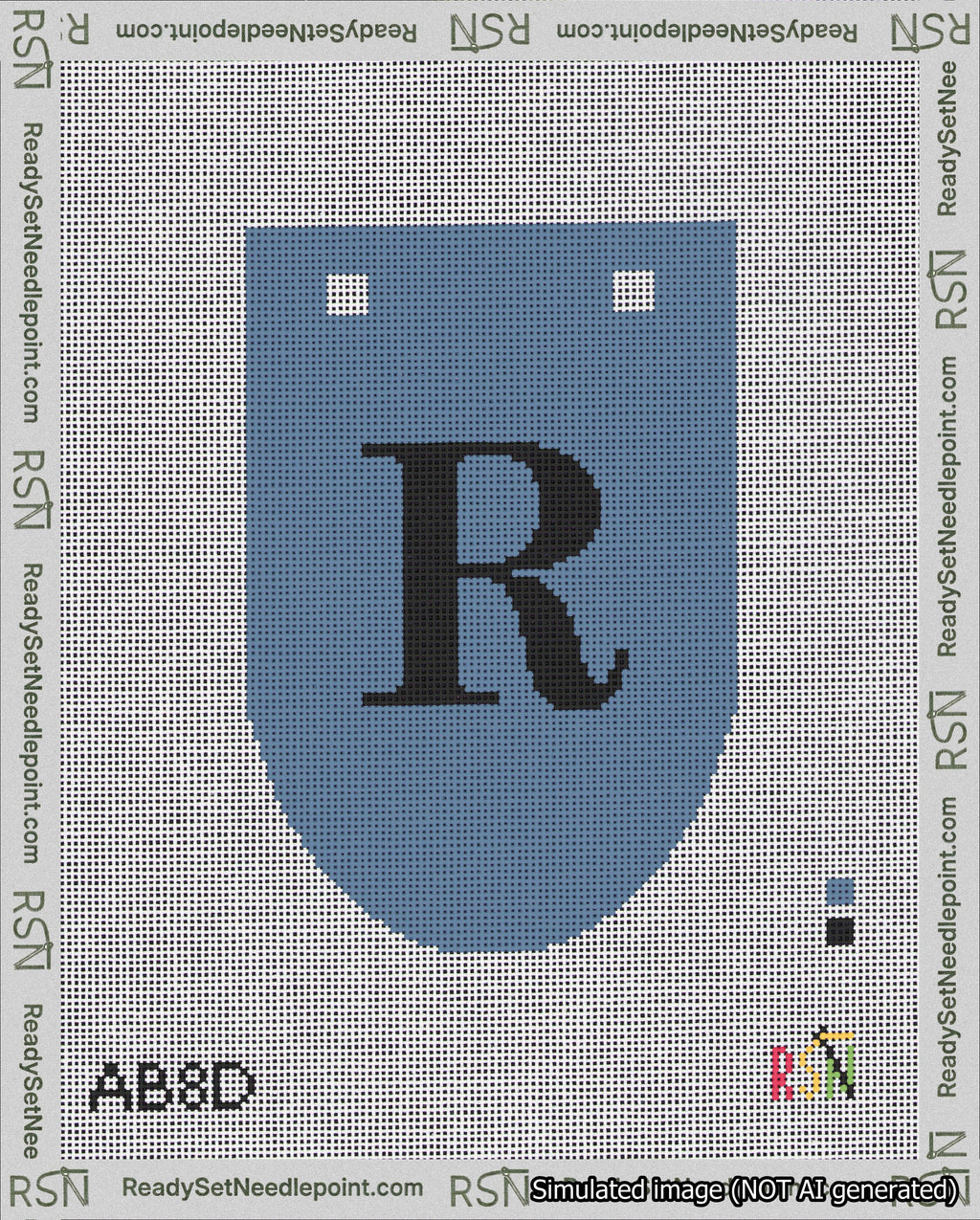 A taped needlepoint canvas with the design: Banner 18 mesh count Rounded R Black on Blue.