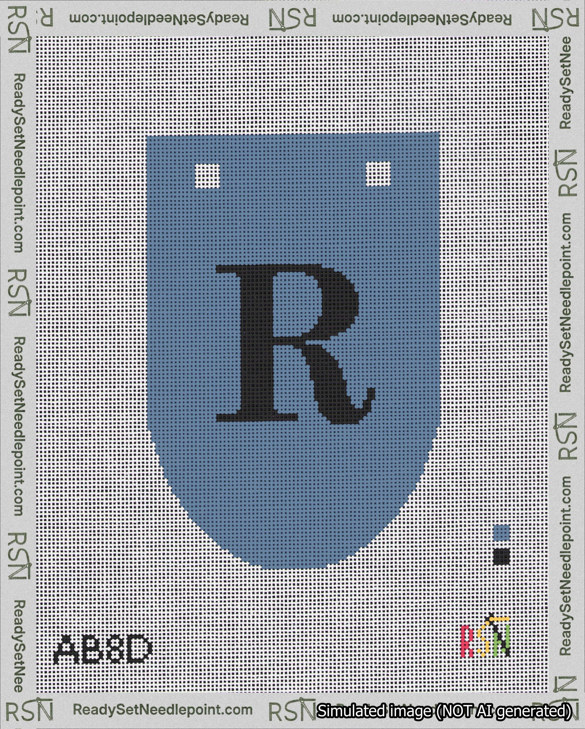 A taped needlepoint canvas with the design: Banner 18 mesh count Rounded R Black on Blue.