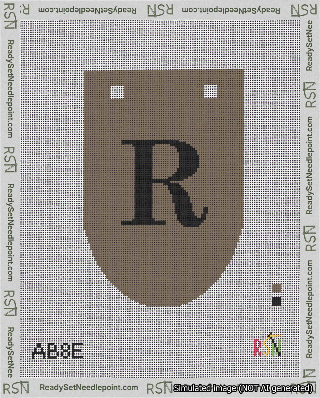 A taped needlepoint canvas with the design: Banner 18 mesh count Rounded R Black on Brown.