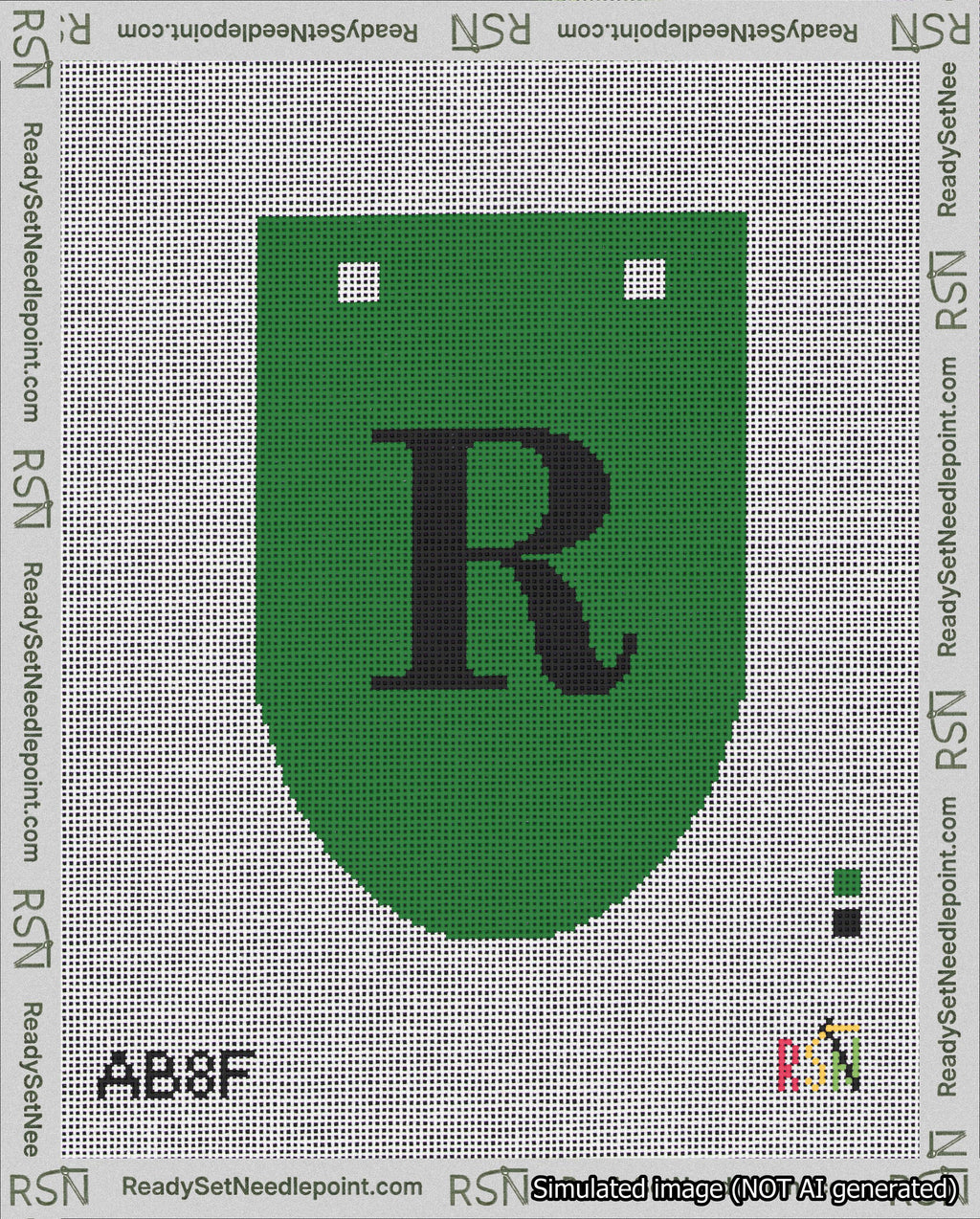 A taped needlepoint canvas with the design: Banner 18 mesh count Rounded R Black on Green.