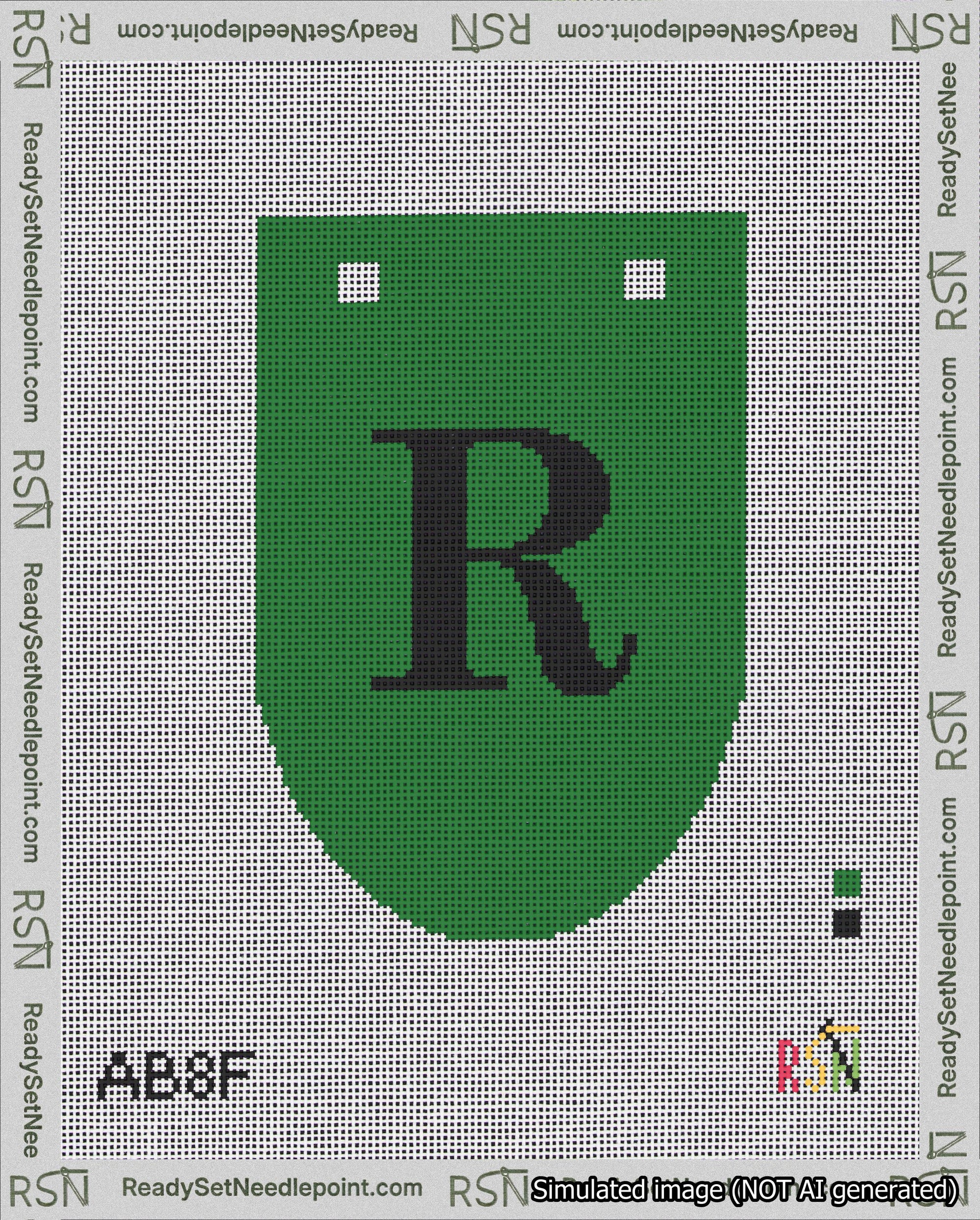 A taped needlepoint canvas with the design: Banner 18 mesh count Rounded R Black on Green.