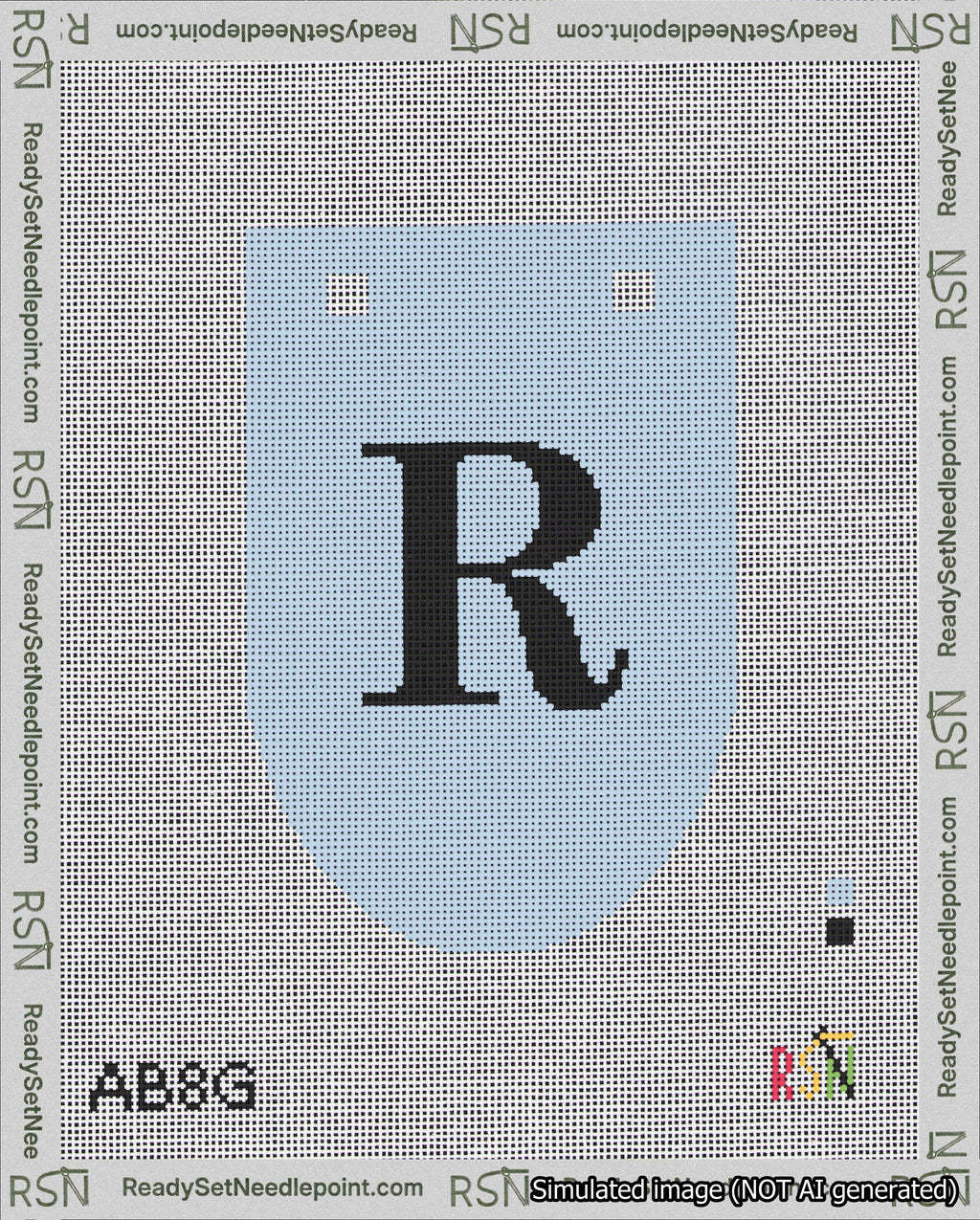 A taped needlepoint canvas with the design: Banner 18 mesh count Rounded R Black on Light Blue.