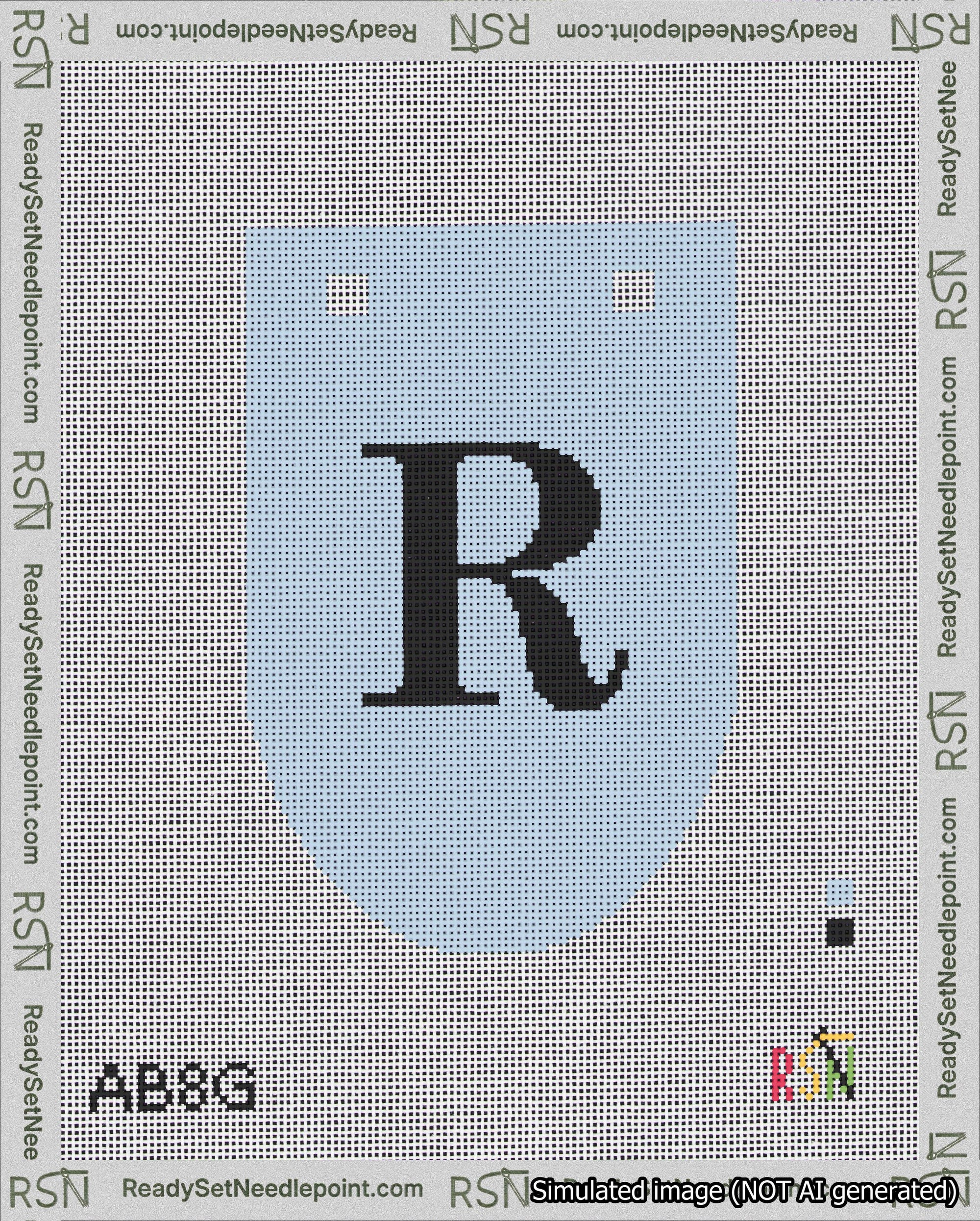 A taped needlepoint canvas with the design: Banner 18 mesh count Rounded R Black on Light Blue.