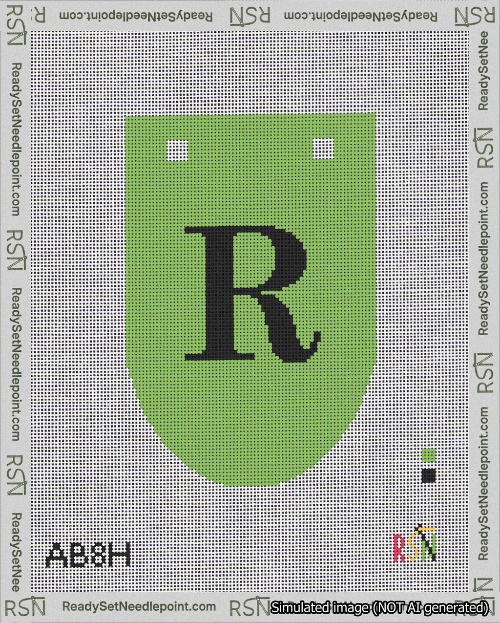A taped needlepoint canvas with the design: Banner 18 mesh count Rounded R Black on Light Green.