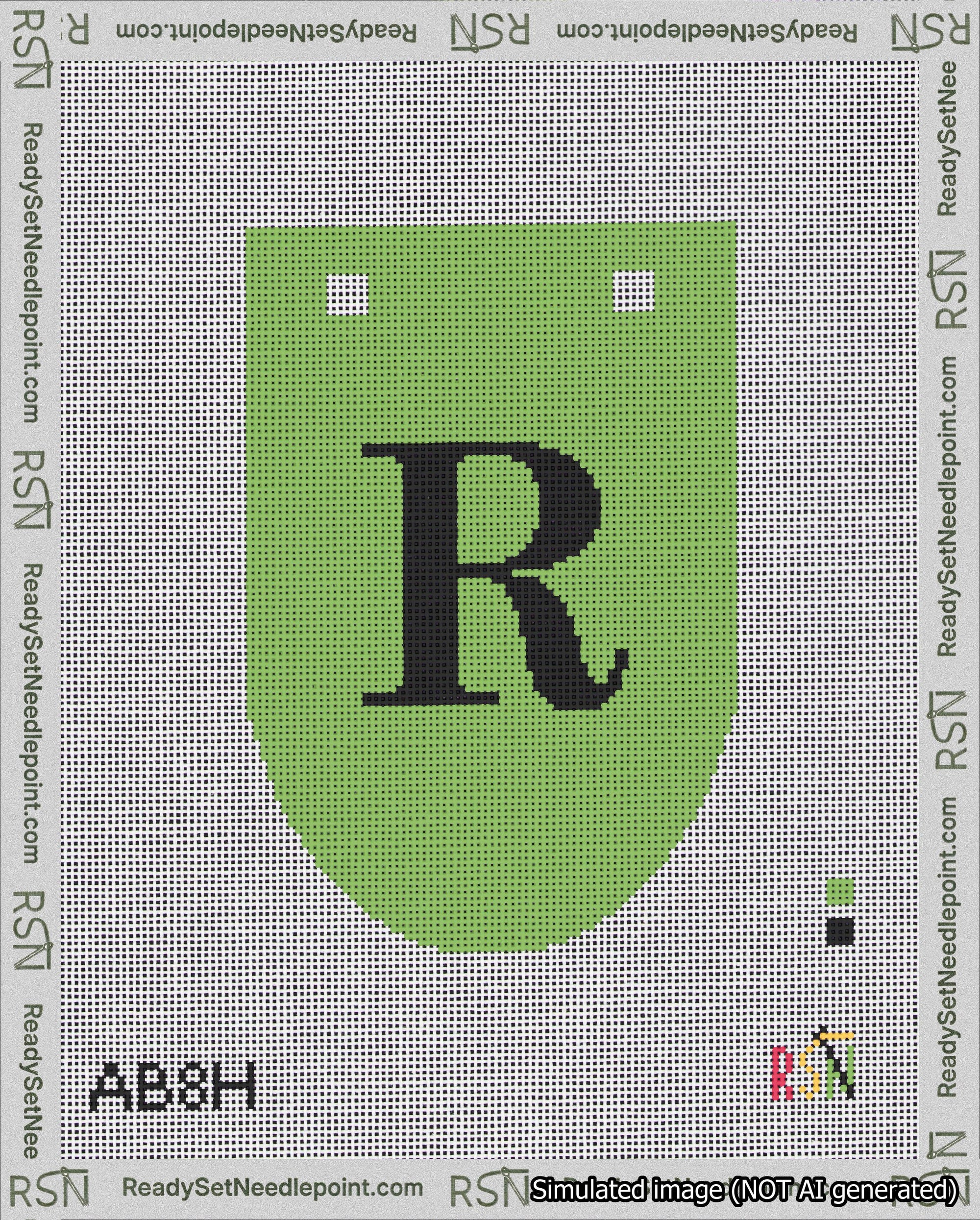 A taped needlepoint canvas with the design: Banner 18 mesh count Rounded R Black on Light Green.