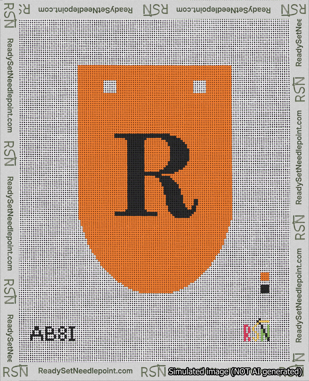 A taped needlepoint canvas with the design: Banner 18 mesh count Rounded R Black on Orange.