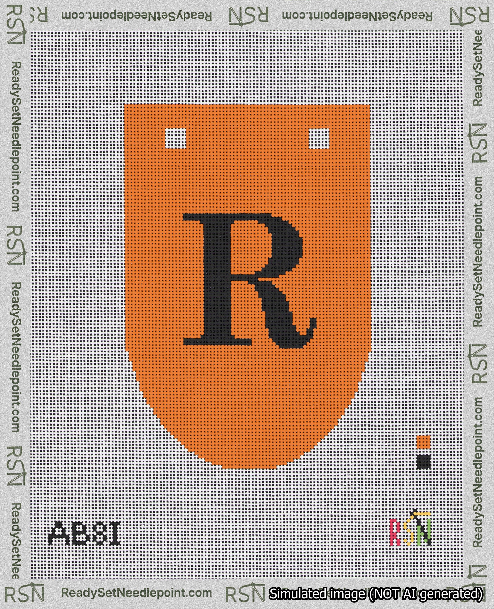 A taped needlepoint canvas with the design: Banner 18 mesh count Rounded R Black on Orange.