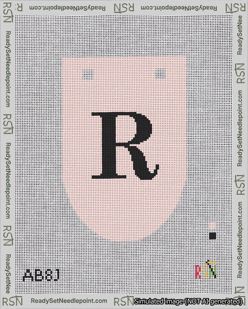 A taped needlepoint canvas with the design: Banner 18 mesh count Rounded R Black on Pink.