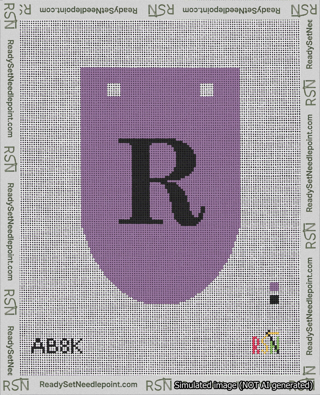 A taped needlepoint canvas with the design: Banner 18 mesh count Rounded R Black on Purple.