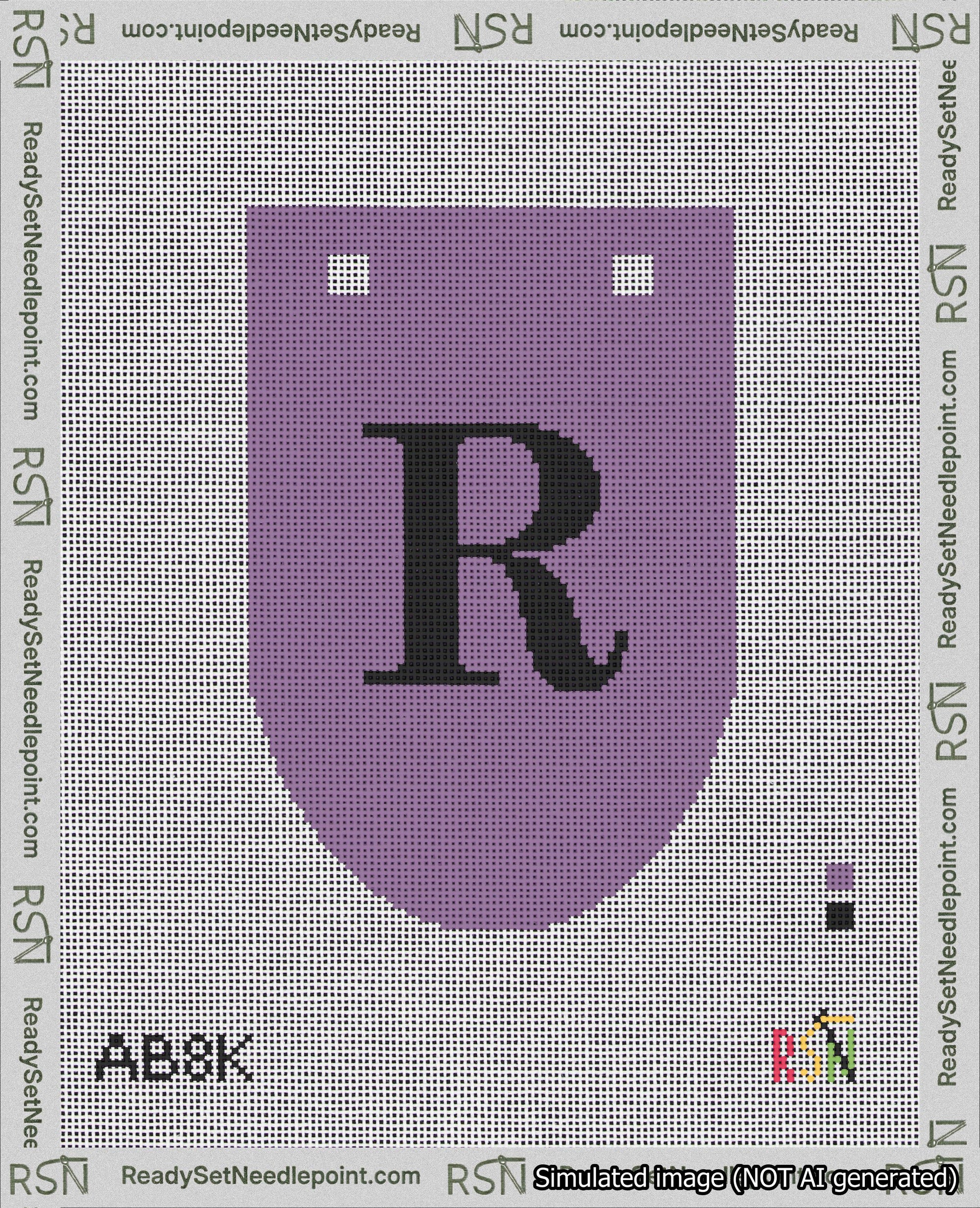 A taped needlepoint canvas with the design: Banner 18 mesh count Rounded R Black on Purple.