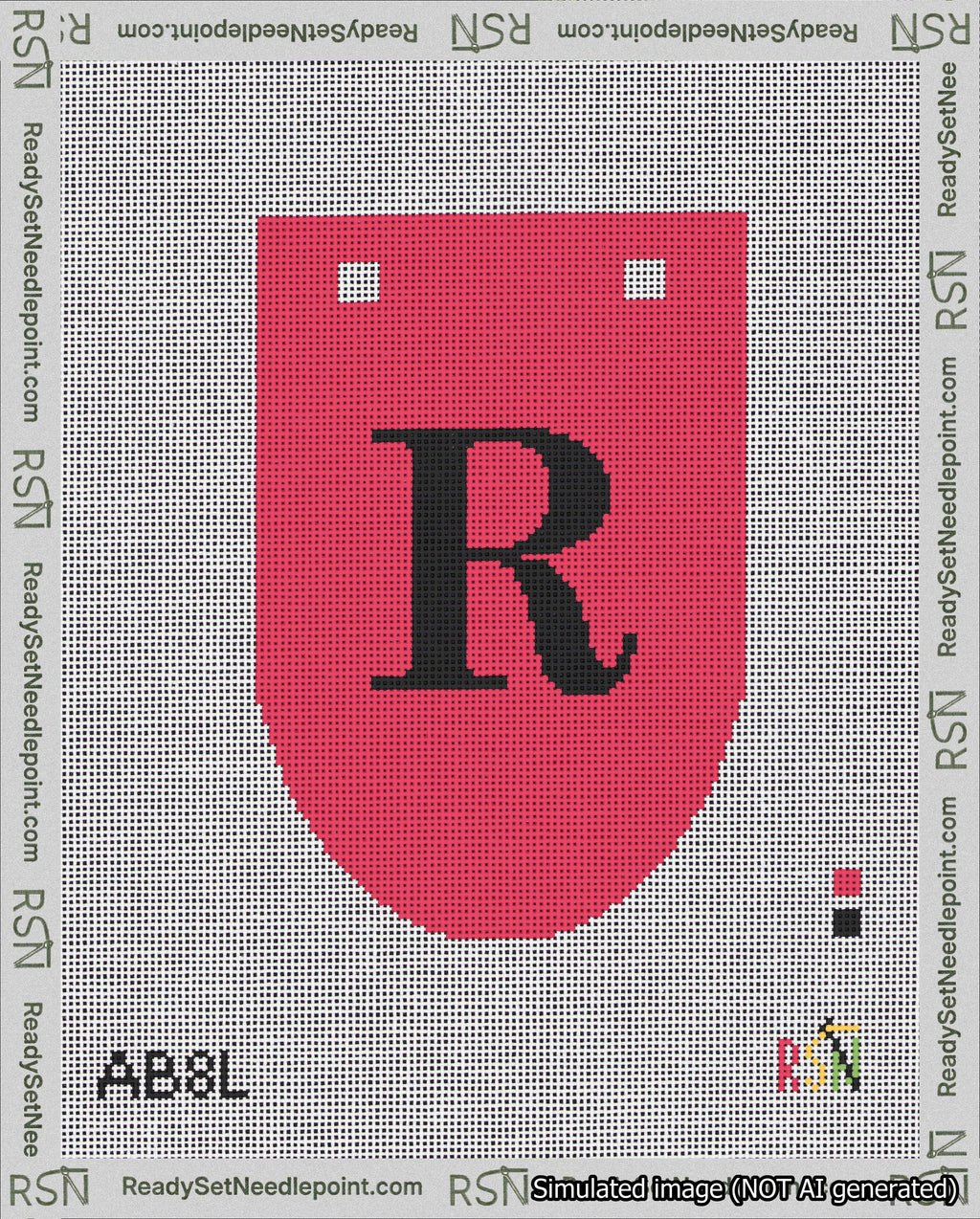 A taped needlepoint canvas with the design: Banner 18 mesh count Rounded R Black on Red.