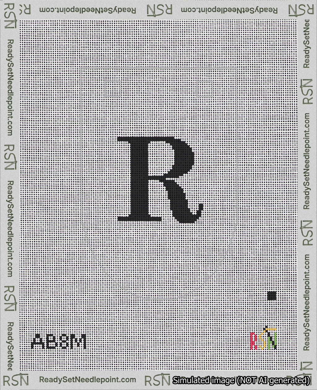 A taped needlepoint canvas with the design: Banner 18 mesh count Rounded R Black on White.