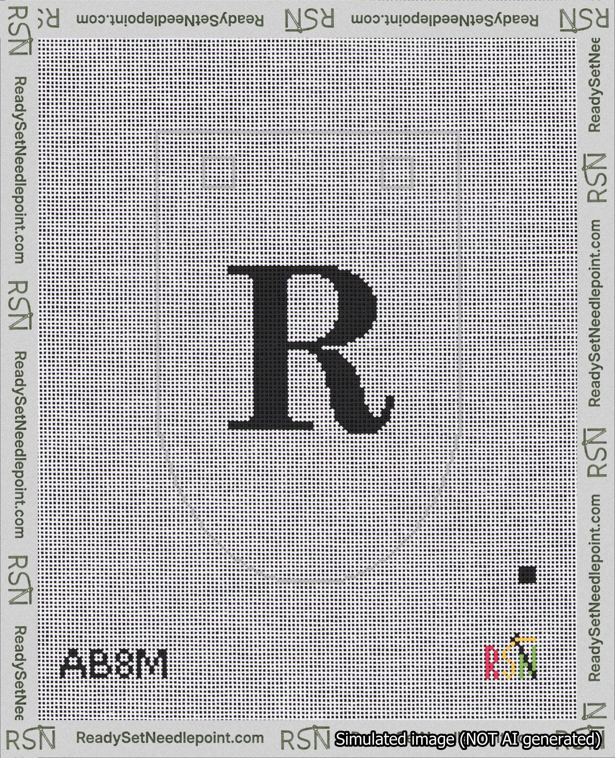 A taped needlepoint canvas with the design: Banner 18 mesh count Rounded R Black on White.
