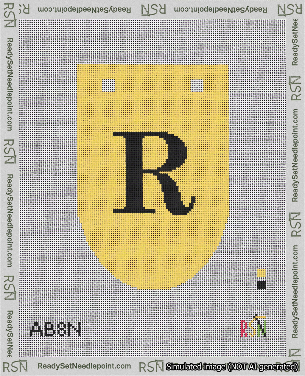A taped needlepoint canvas with the design: Banner 18 mesh count Rounded R Black on Yellow.