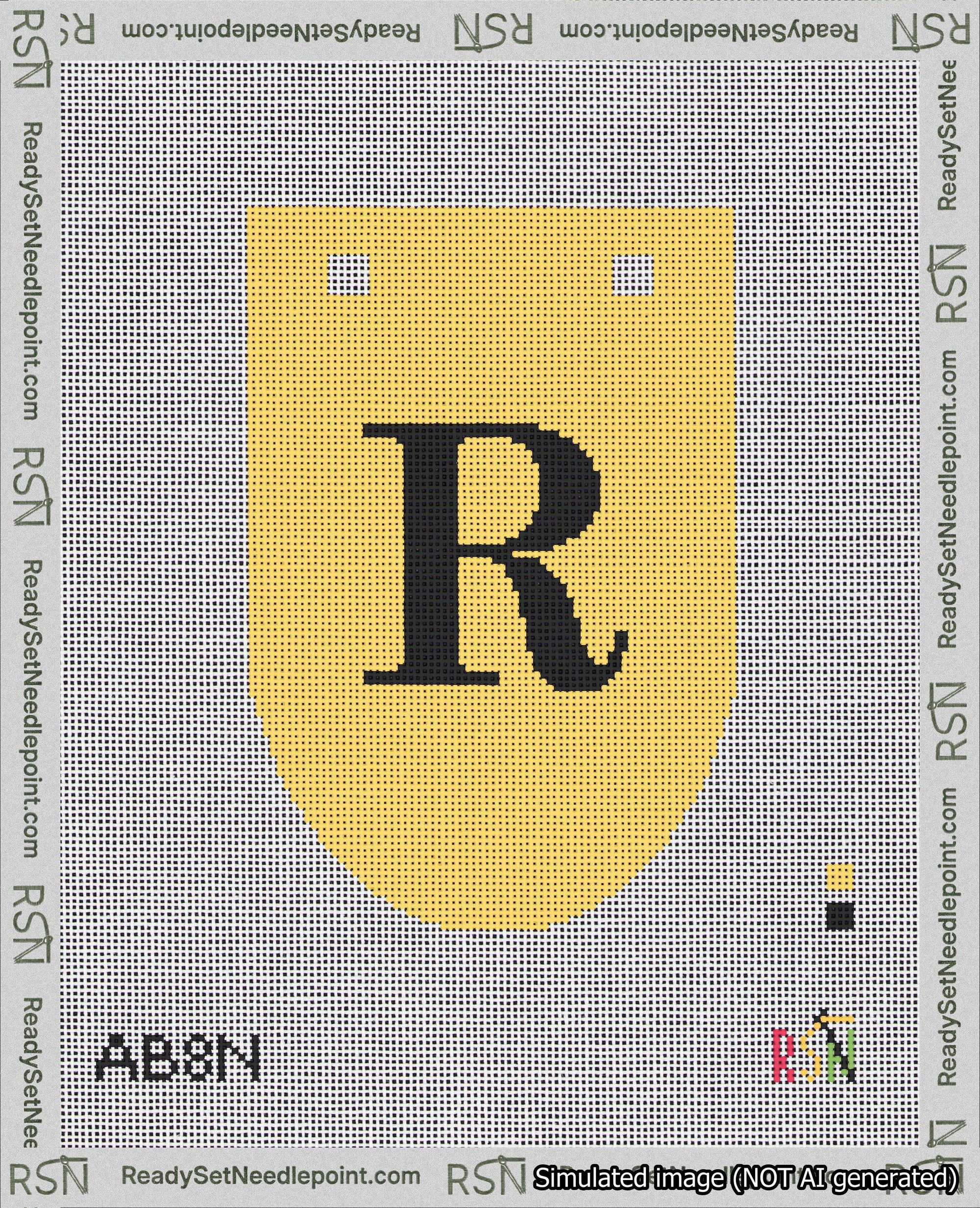 A taped needlepoint canvas with the design: Banner 18 mesh count Rounded R Black on Yellow.