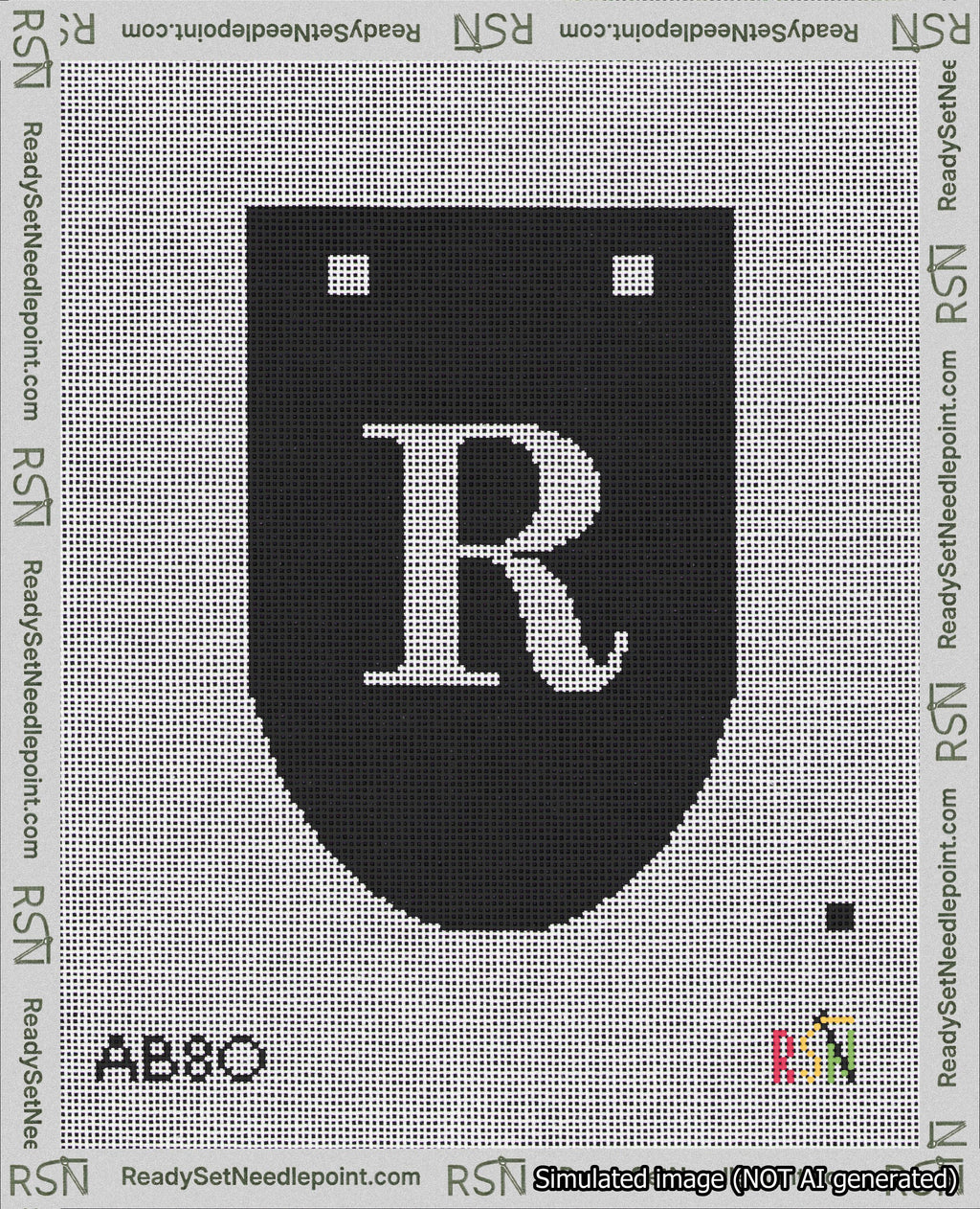 A taped needlepoint canvas with the design: Banner 18 mesh count Rounded R White on Black.