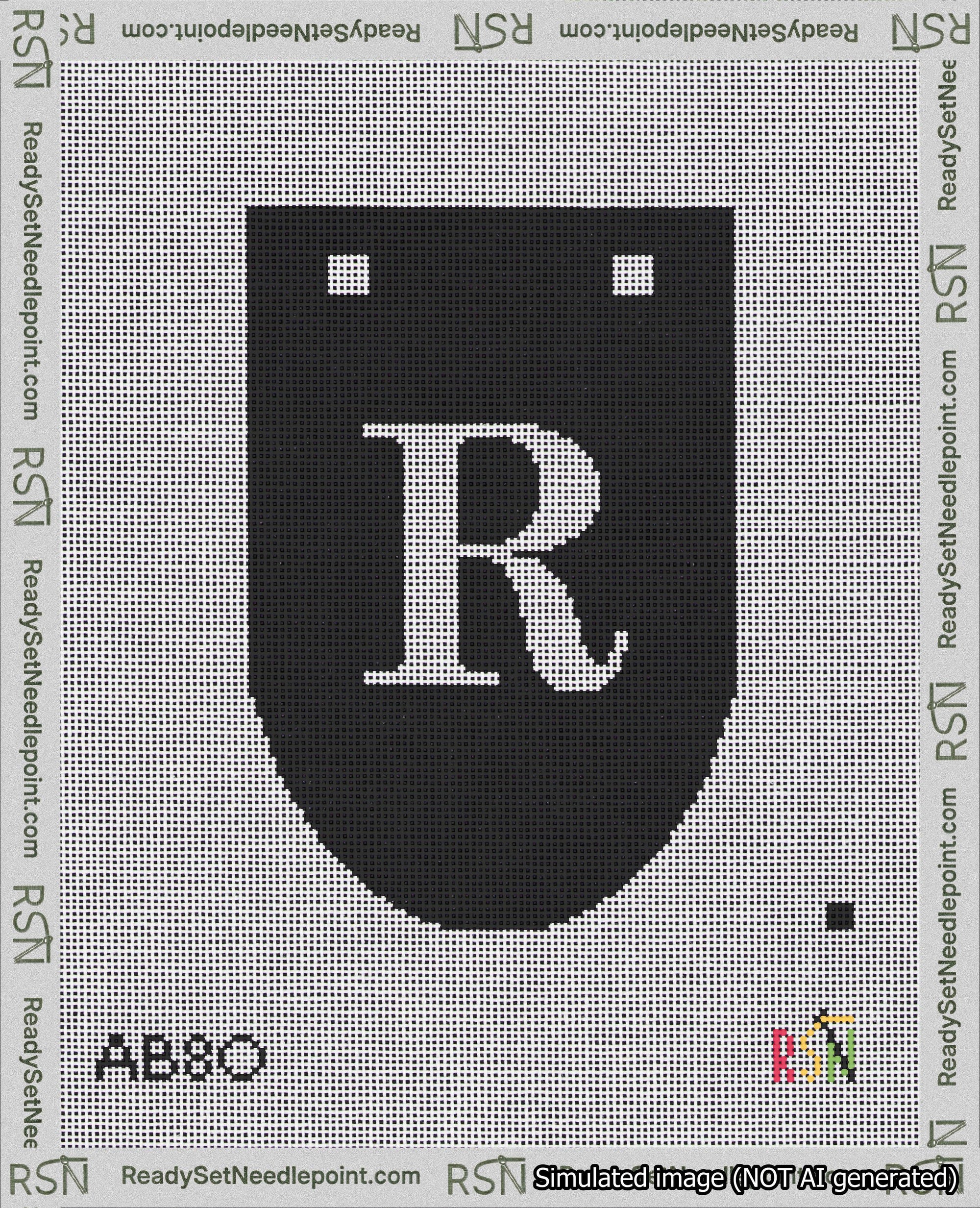 A taped needlepoint canvas with the design: Banner 18 mesh count Rounded R White on Black.