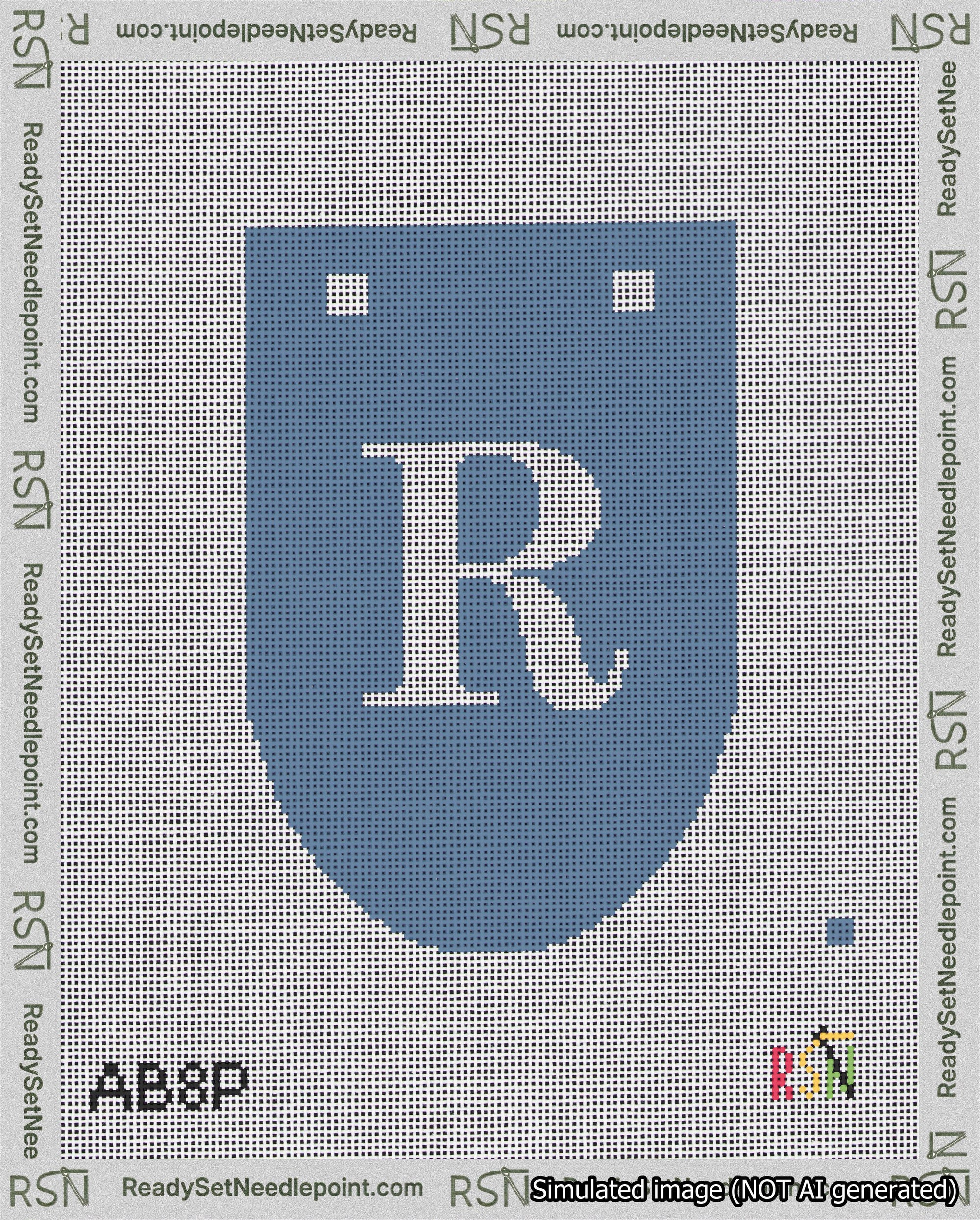 A taped needlepoint canvas with the design: Banner 18 mesh count Rounded R White on Blue.