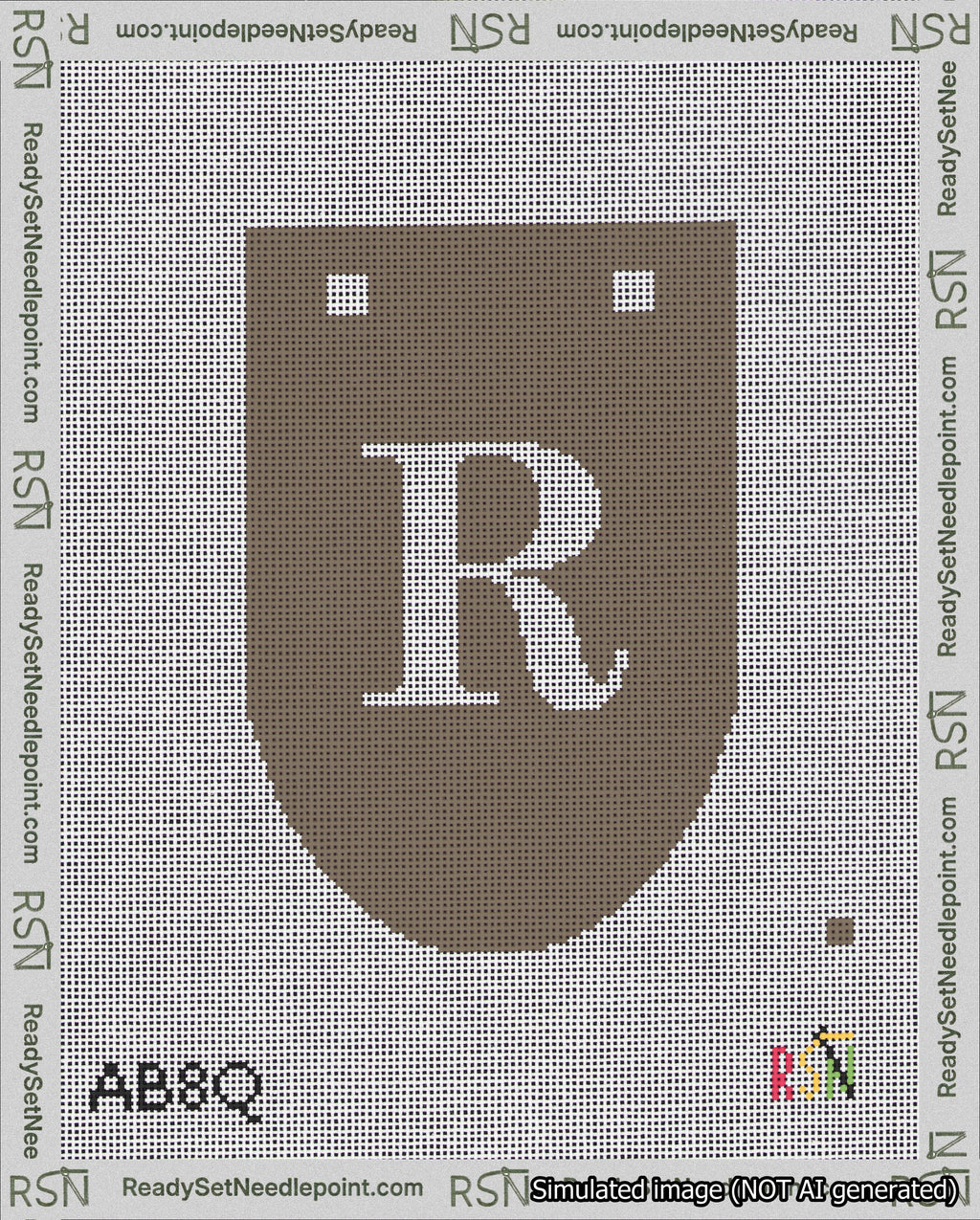 A taped needlepoint canvas with the design: Banner 18 mesh count Rounded R White on Brown.